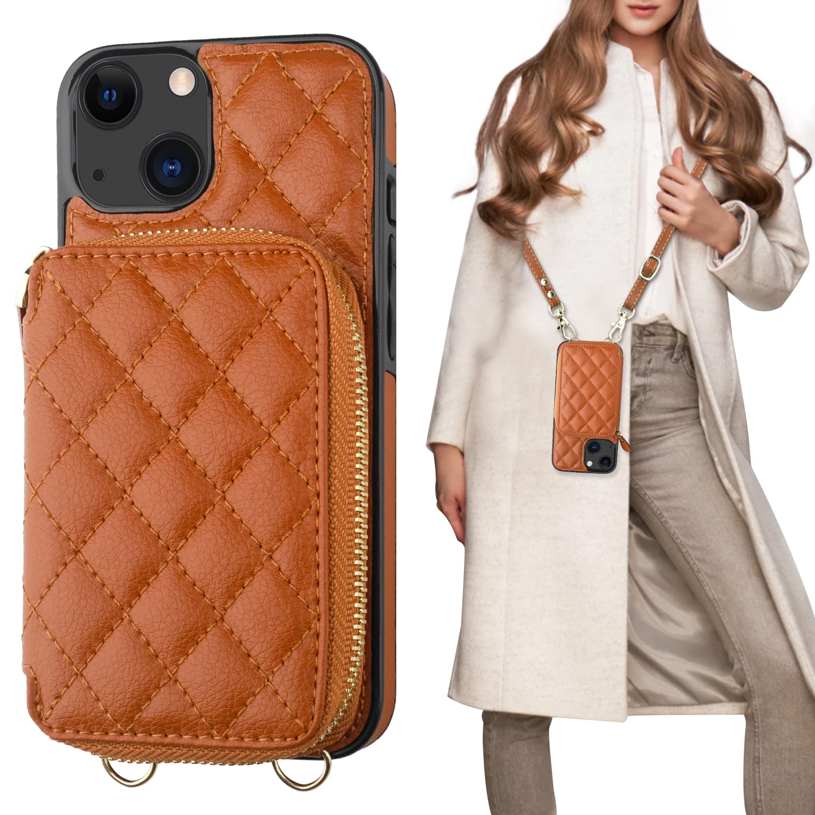 Foto 2 pulgar | Funda Tipo Cartera Tipo Bandolera Bocasal Para Iphone 13 De 6,1 Pulgadas, Color Marrón - Venta Internacional.