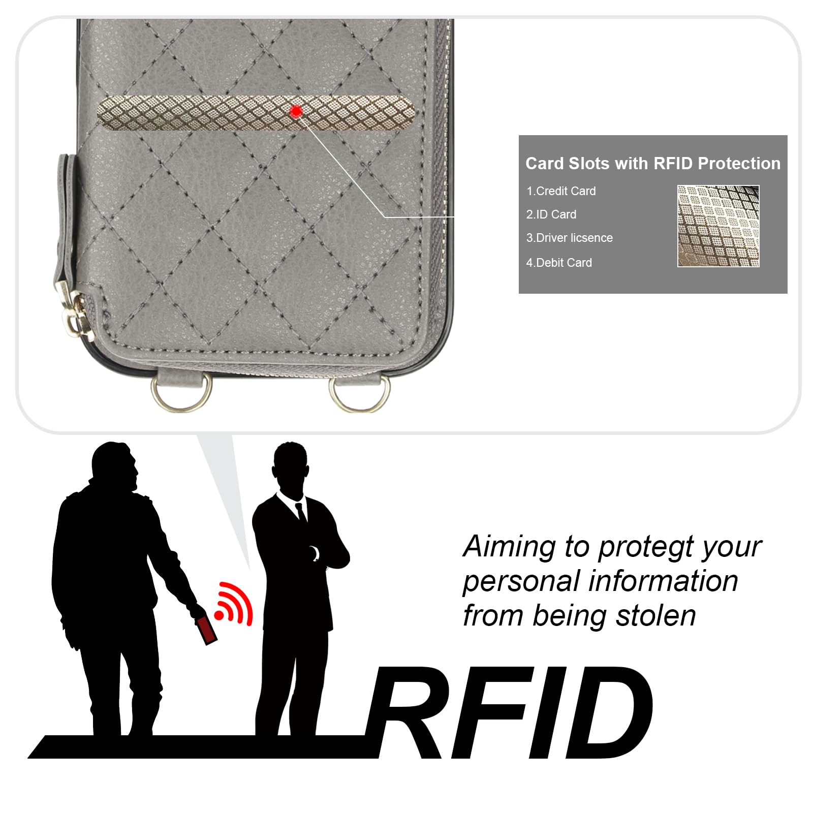 Foto 4 pulgar | Funda Tipo Cartera Tipo Bandolera Bocasal Para Iphone 16 Pro Max Rfid, Color Gris - Venta Internacional.