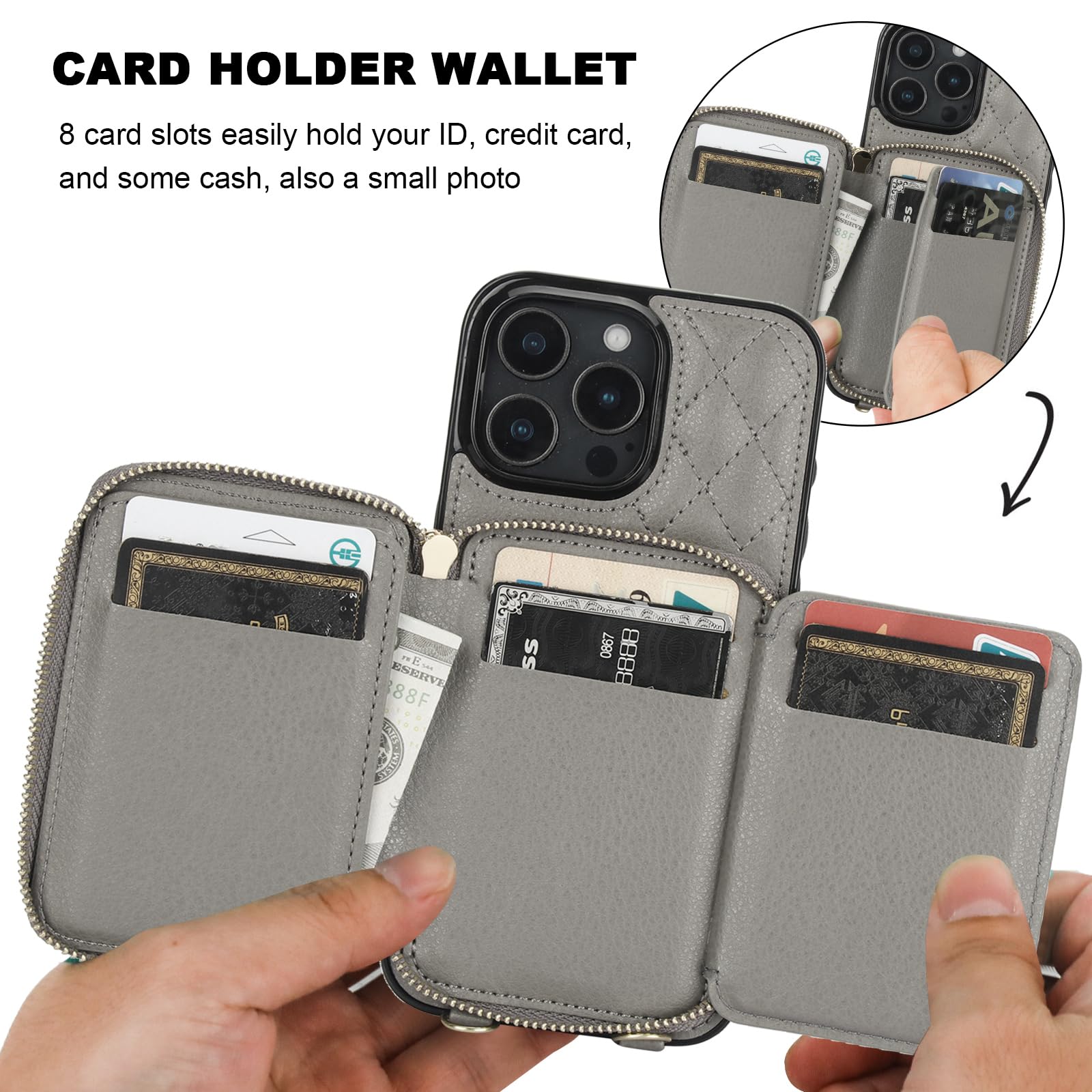 Foto 5 pulgar | Funda Tipo Cartera Tipo Bandolera Bocasal Para Iphone 16 Pro Max Rfid, Color Gris - Venta Internacional.
