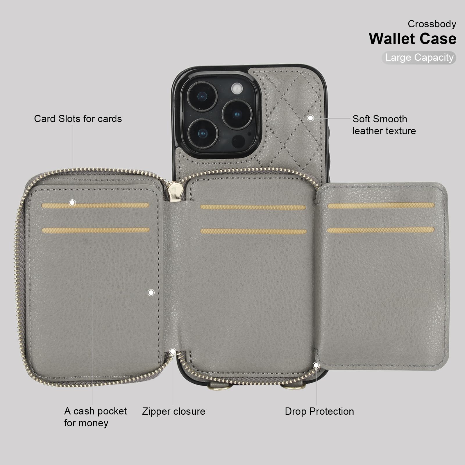 Foto 8 pulgar | Funda Tipo Cartera Tipo Bandolera Bocasal Para Iphone 16 Pro Max Rfid, Color Gris - Venta Internacional.