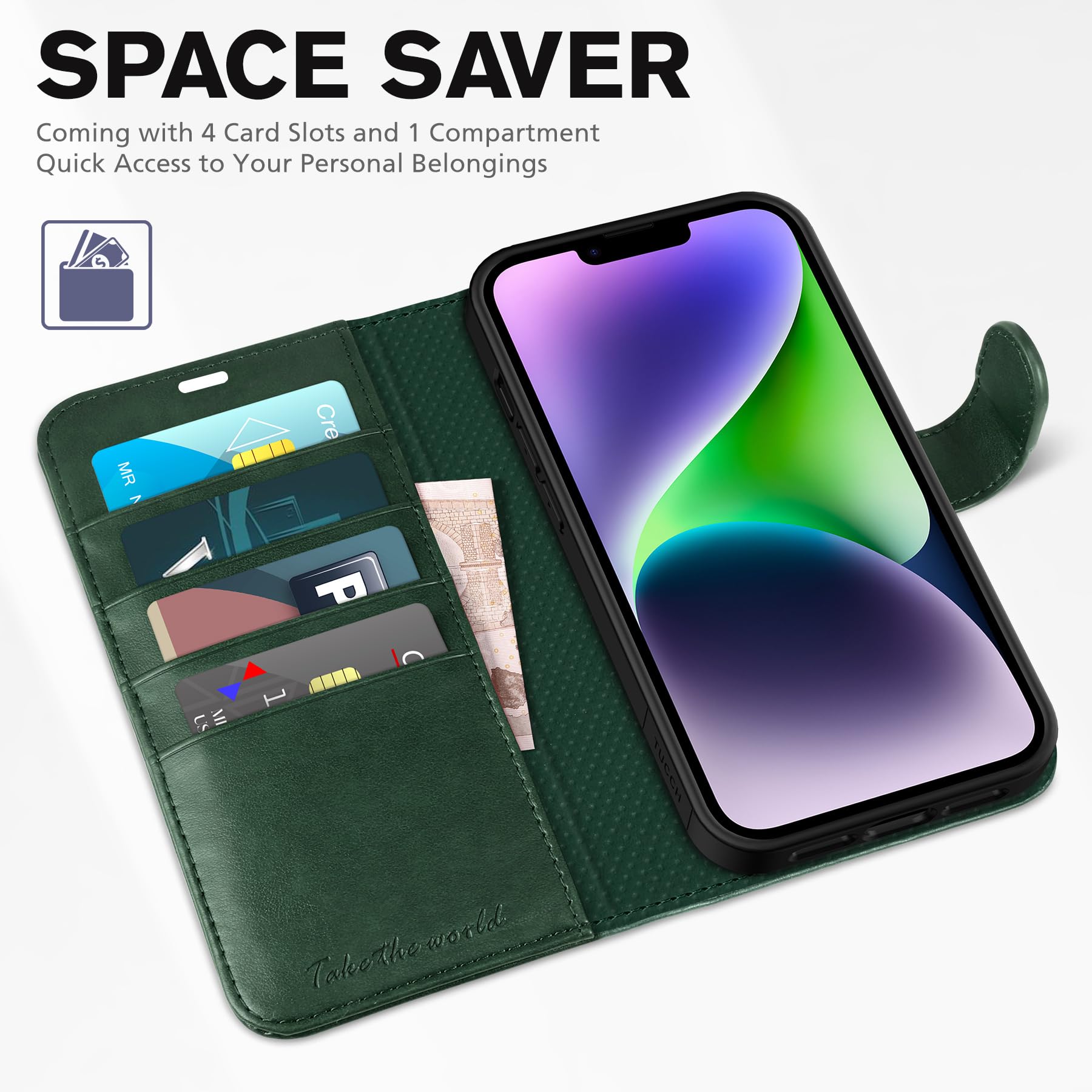 Foto 8 pulgar | Funda Tipo Cartera Tucch Para Iphone 14 6.1 Con Bloqueo Rfid, Color Verde Medianoche - Venta Internacional.