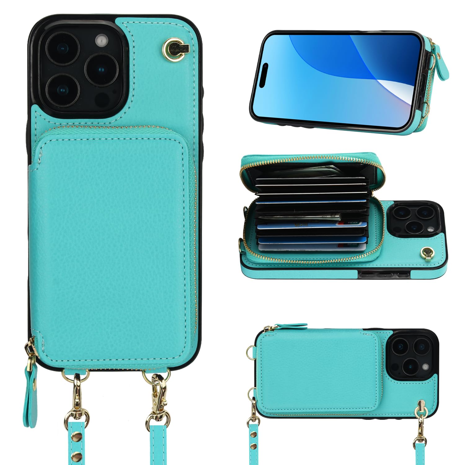 Funda Tipo Cartera Tipo Bandolera Bocasal Para Iphone 16 Pro Max, Color Verde Menta - Venta Internacional.