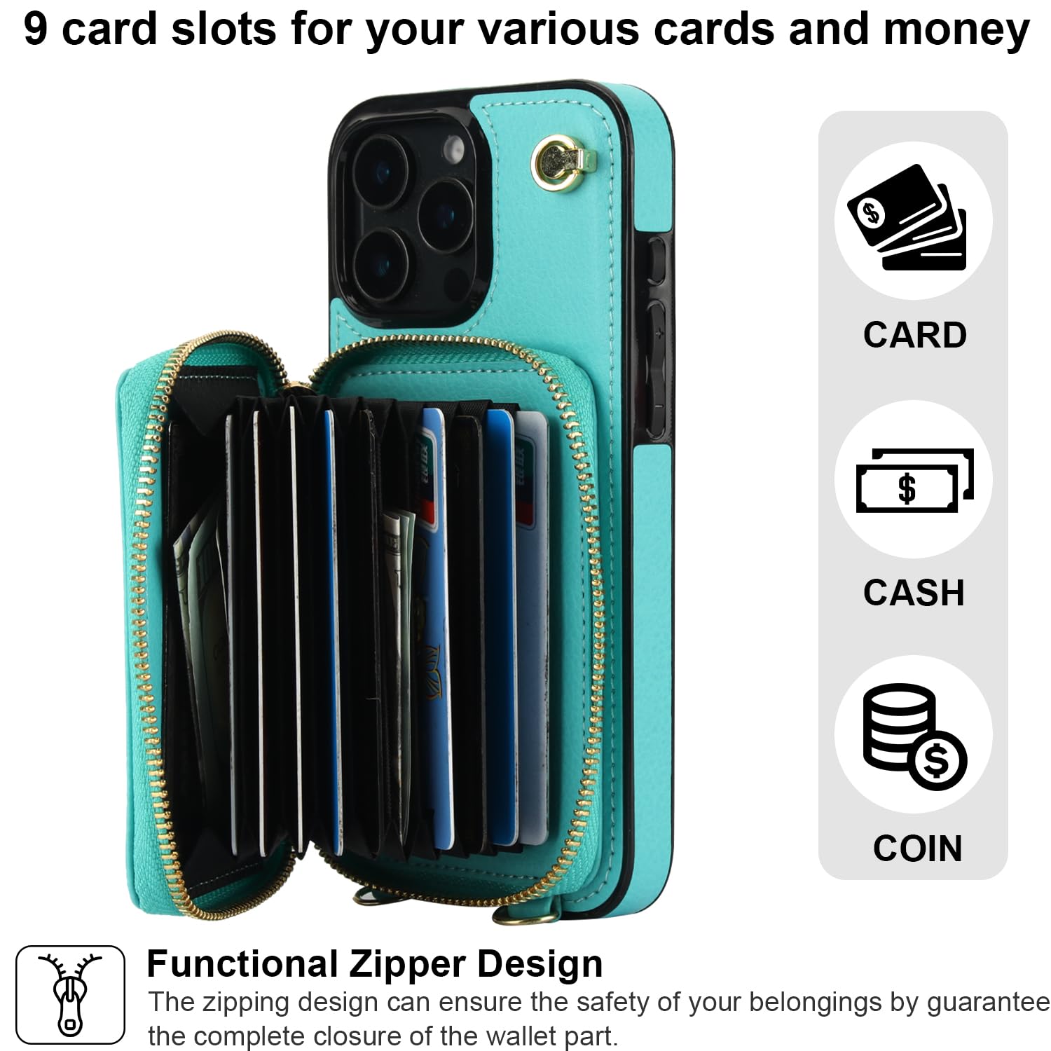 Foto 4 pulgar | Funda Tipo Cartera Tipo Bandolera Bocasal Para Iphone 16 Pro Max, Color Verde Menta - Venta Internacional.