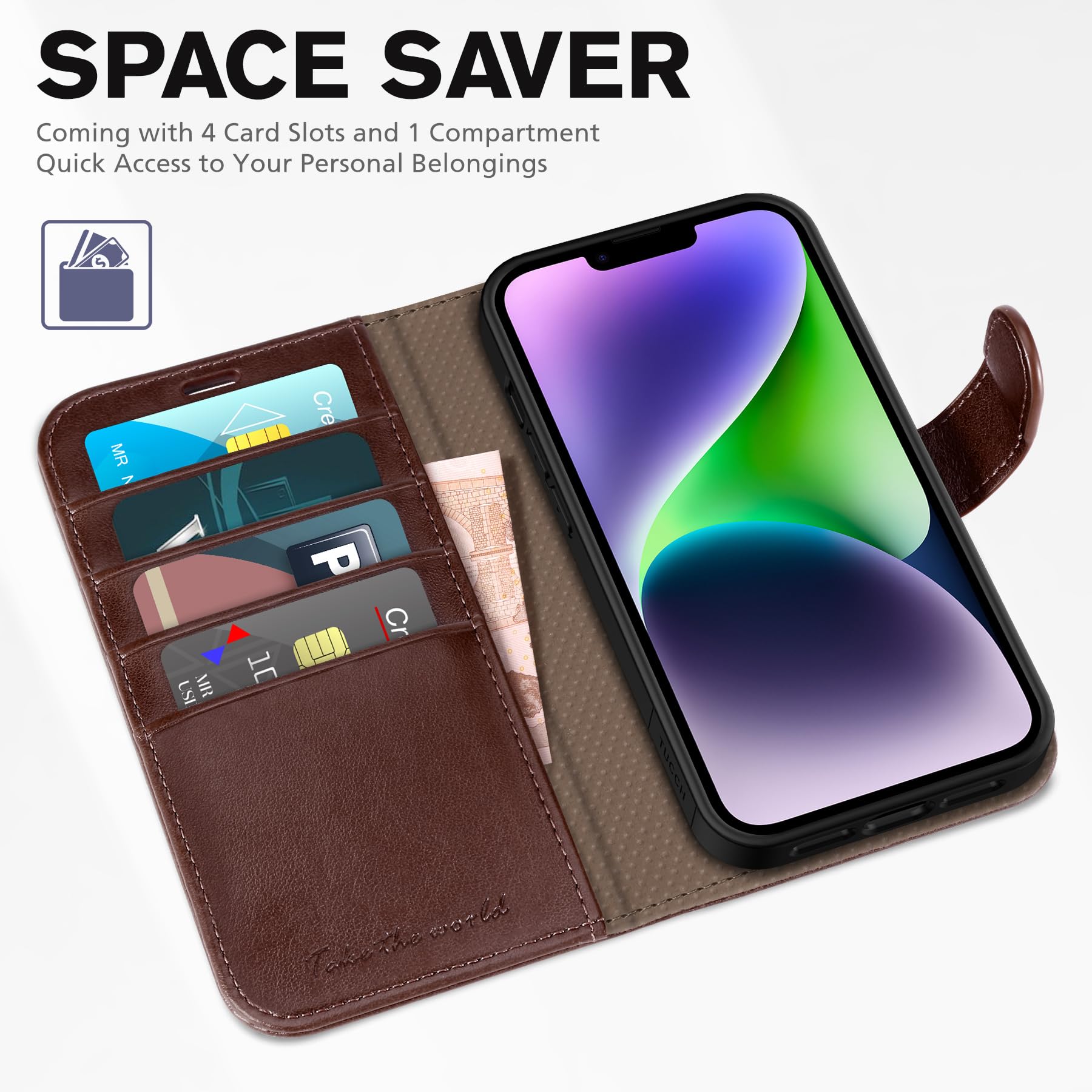 Foto 7 | Funda Tipo Cartera Tucch Para Iphone 14 5g Con Bloqueo Rfid, Color Chocolate - Venta Internacional.