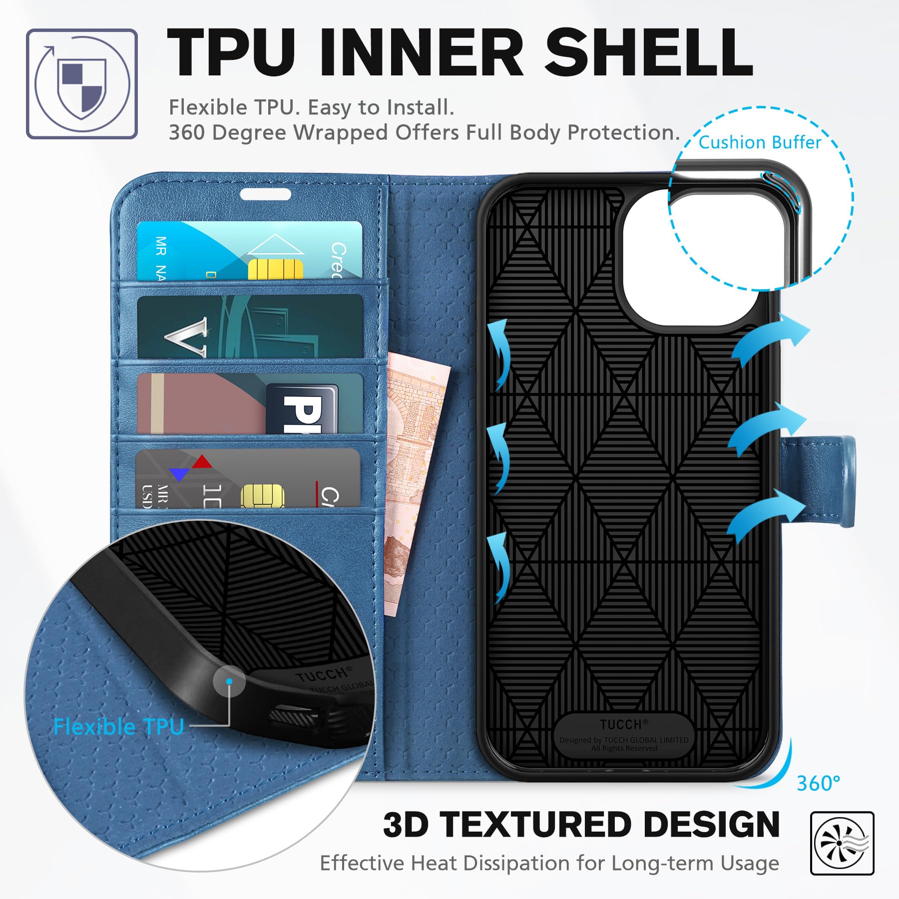 Foto 6 pulgar | Funda Tipo Cartera Tucch Para Iphone 15 De 6,1 Pulgadas Con 4 Ranuras Para Tarjetas, Color Azul Claro - Venta Intern