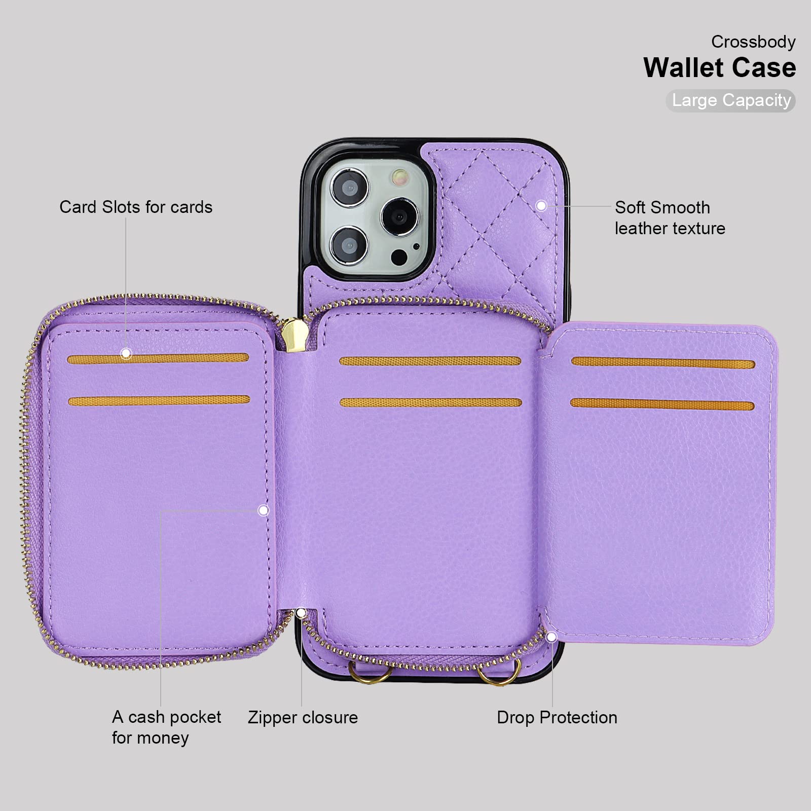 Foto 8 pulgar | Funda Tipo Cartera Tipo Bandolera Bocasal Para Iphone 12 Pro Max, Color Morado - Venta Internacional.
