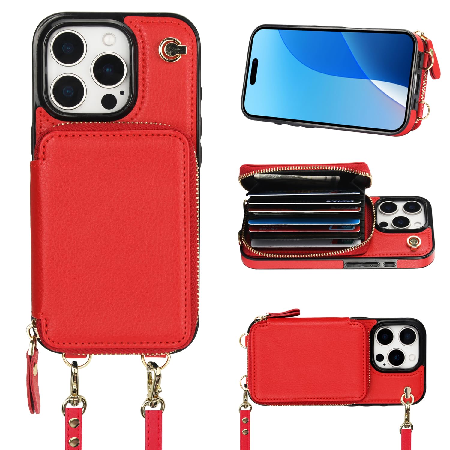 Funda Tipo Cartera Tipo Bandolera Bocasal Para Iphone 16 Pro De 6,3 Pulgadas, Color Rojo - Venta Internacional.