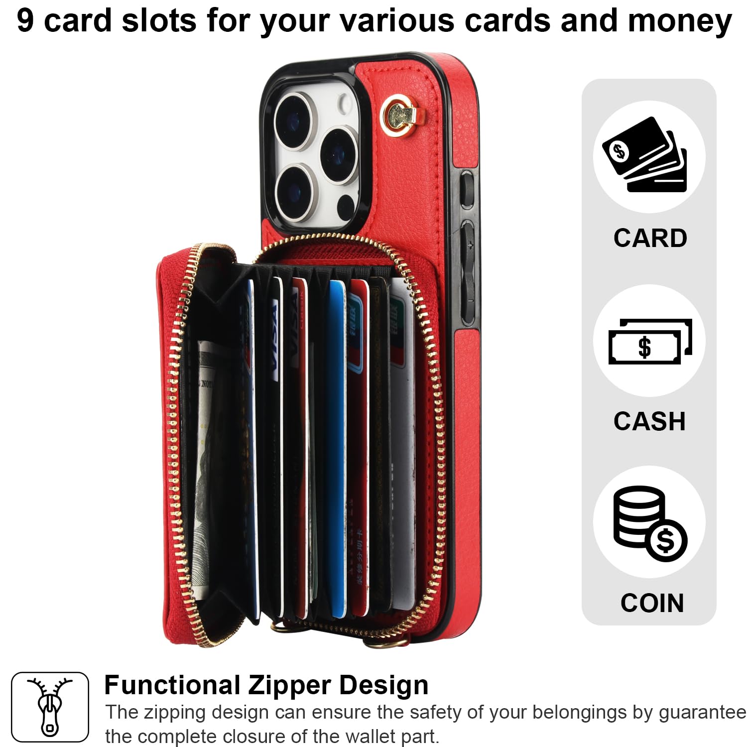 Foto 4 pulgar | Funda Tipo Cartera Tipo Bandolera Bocasal Para Iphone 16 Pro De 6,3 Pulgadas, Color Rojo - Venta Internacional.