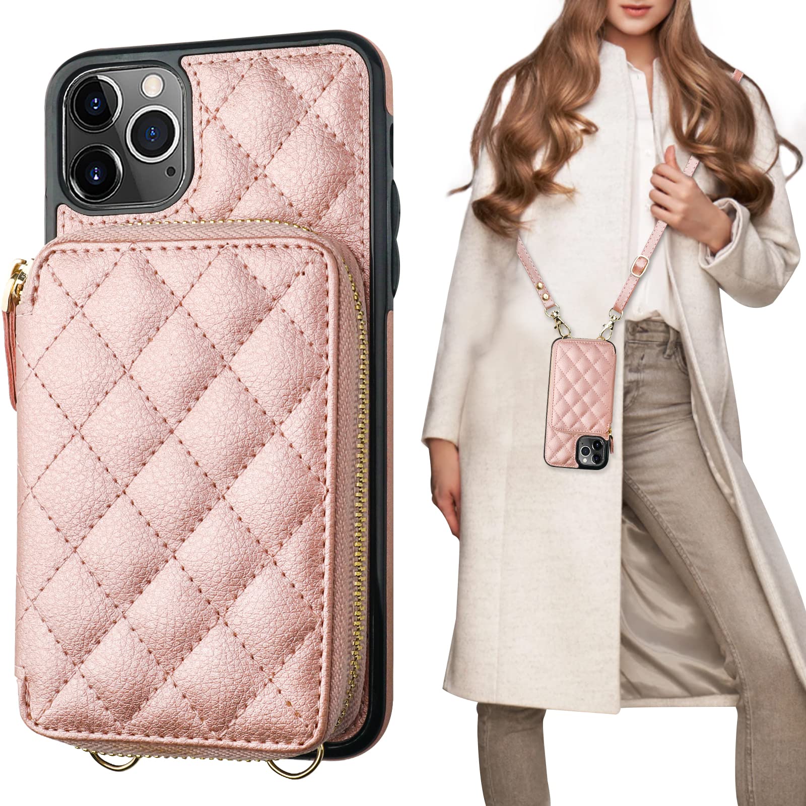 Funda Tipo Cartera Tipo Bandolera Bocasal Para Iphone 11 Pro Max, Color Oro Rosa - Venta Internacional.