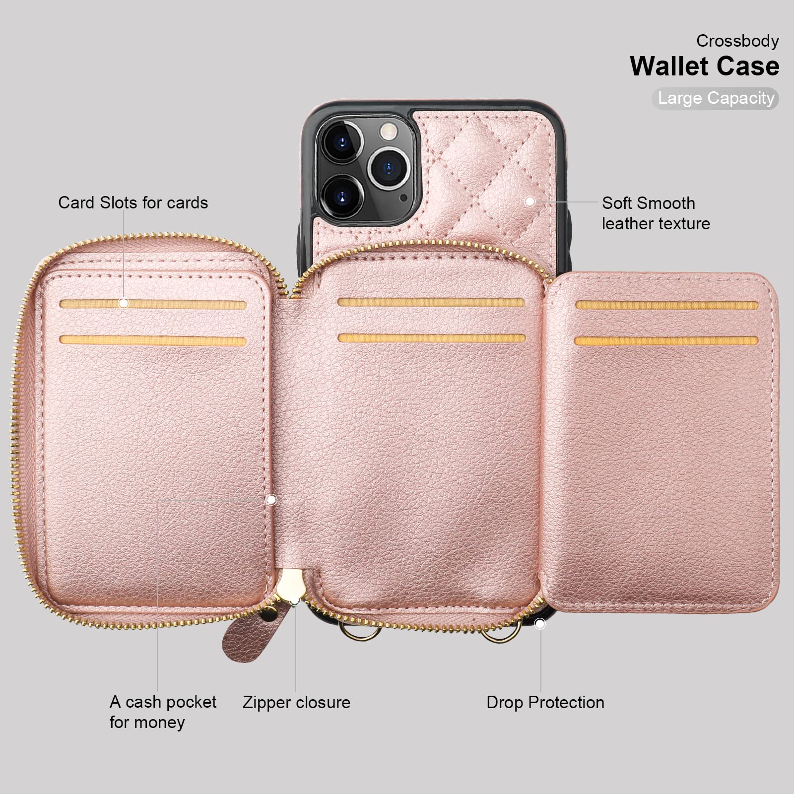 Foto 8 pulgar | Funda Tipo Cartera Tipo Bandolera Bocasal Para Iphone 11 Pro Max, Color Oro Rosa - Venta Internacional.