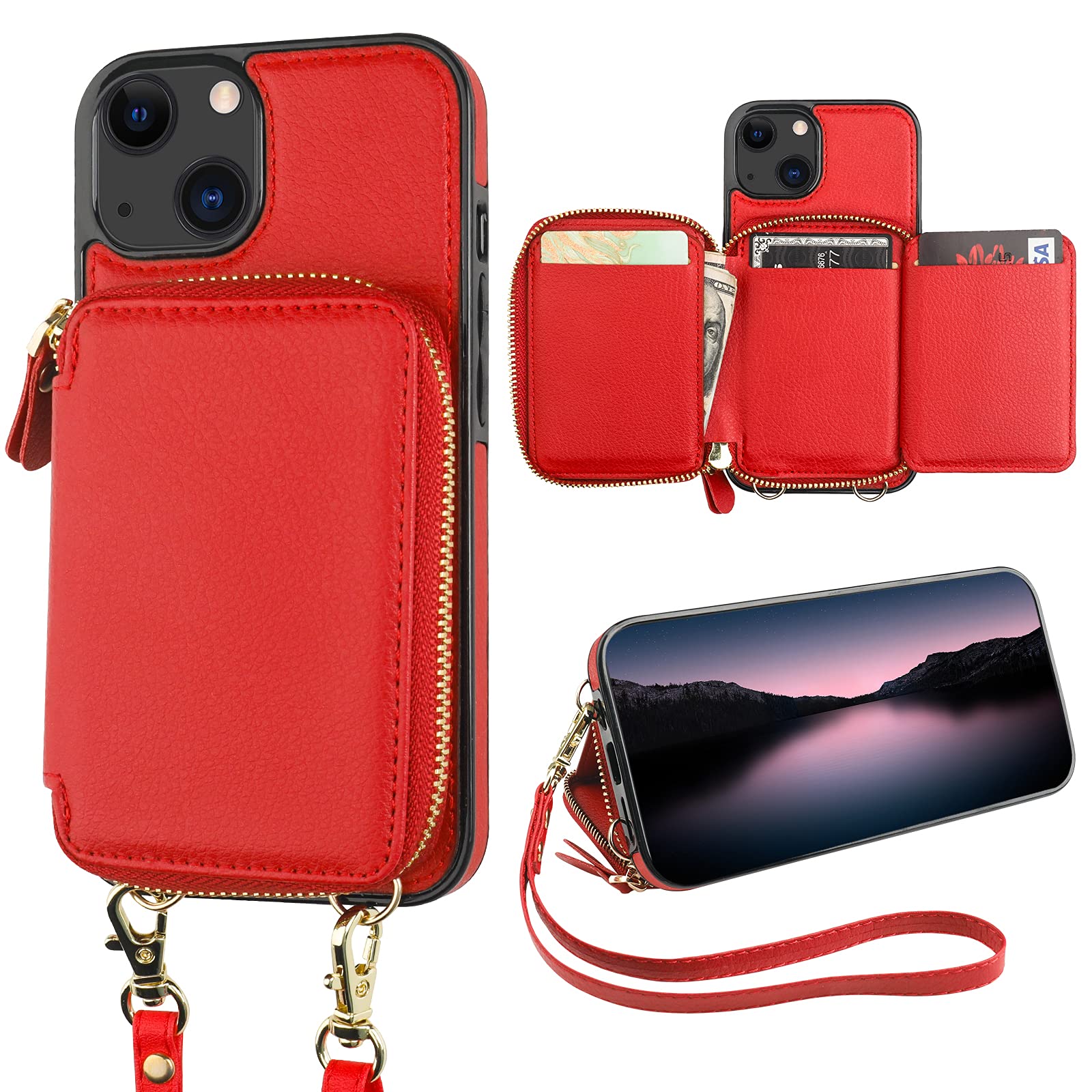 Funda Tipo Cartera Bocasal Con Bloqueo Rfid Para Iphone 14/13 De 6.1 Pulgadas, Color Rojo - Venta Internacional.