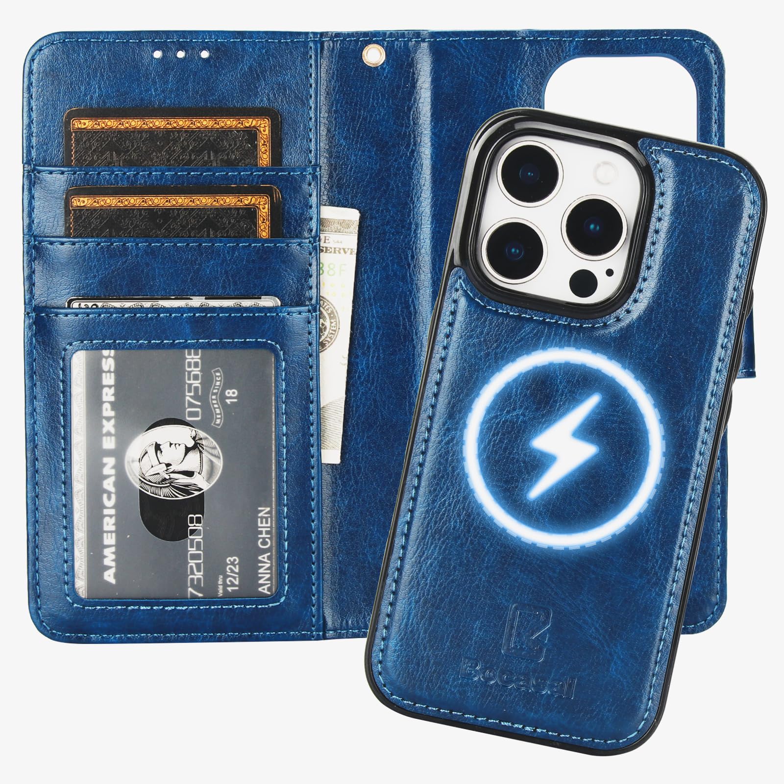 Foto 2 pulgar | Funda Tipo Cartera Bocasal Para Iphone 16 Pro Con Piel Azul Magsafe - Venta Internacional.