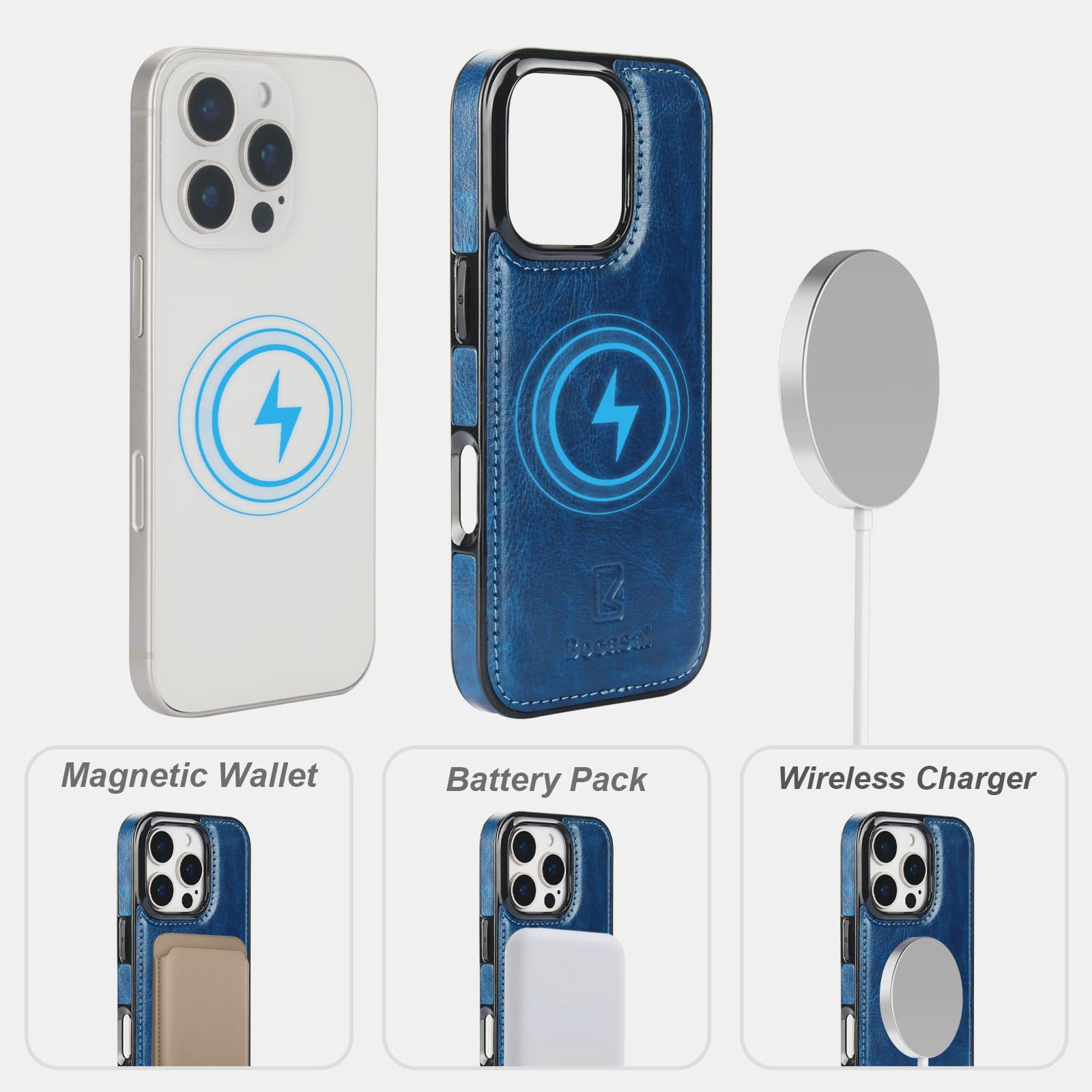 Foto 5 pulgar | Funda Tipo Cartera Bocasal Para Iphone 16 Pro Con Piel Azul Magsafe - Venta Internacional.