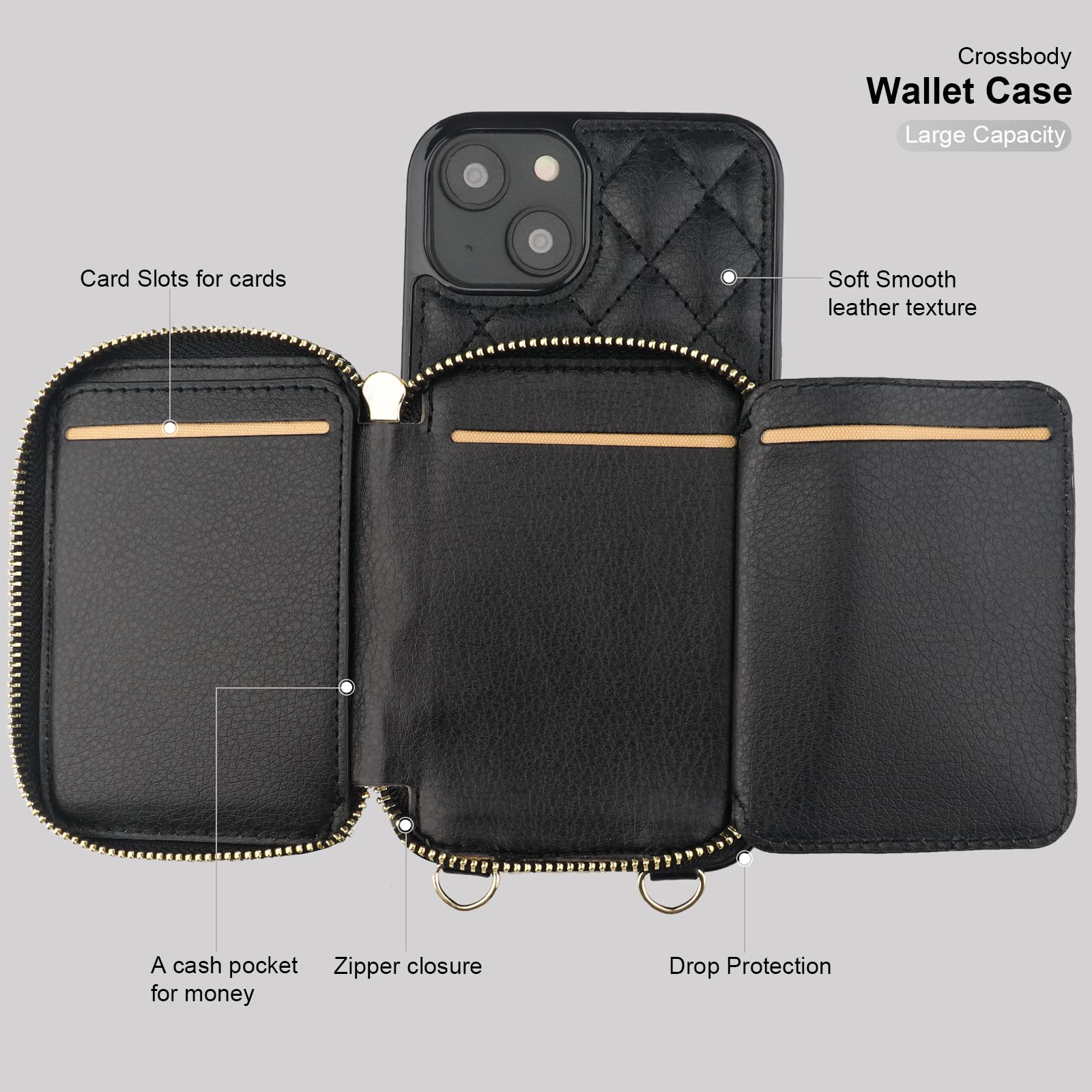 Foto 8 pulgar | Funda Tipo Cartera Tipo Bandolera Bocasal Para Iphone 14 De 6.1 Pulgadas Con Rfid, Color Negro - Venta Internacional.