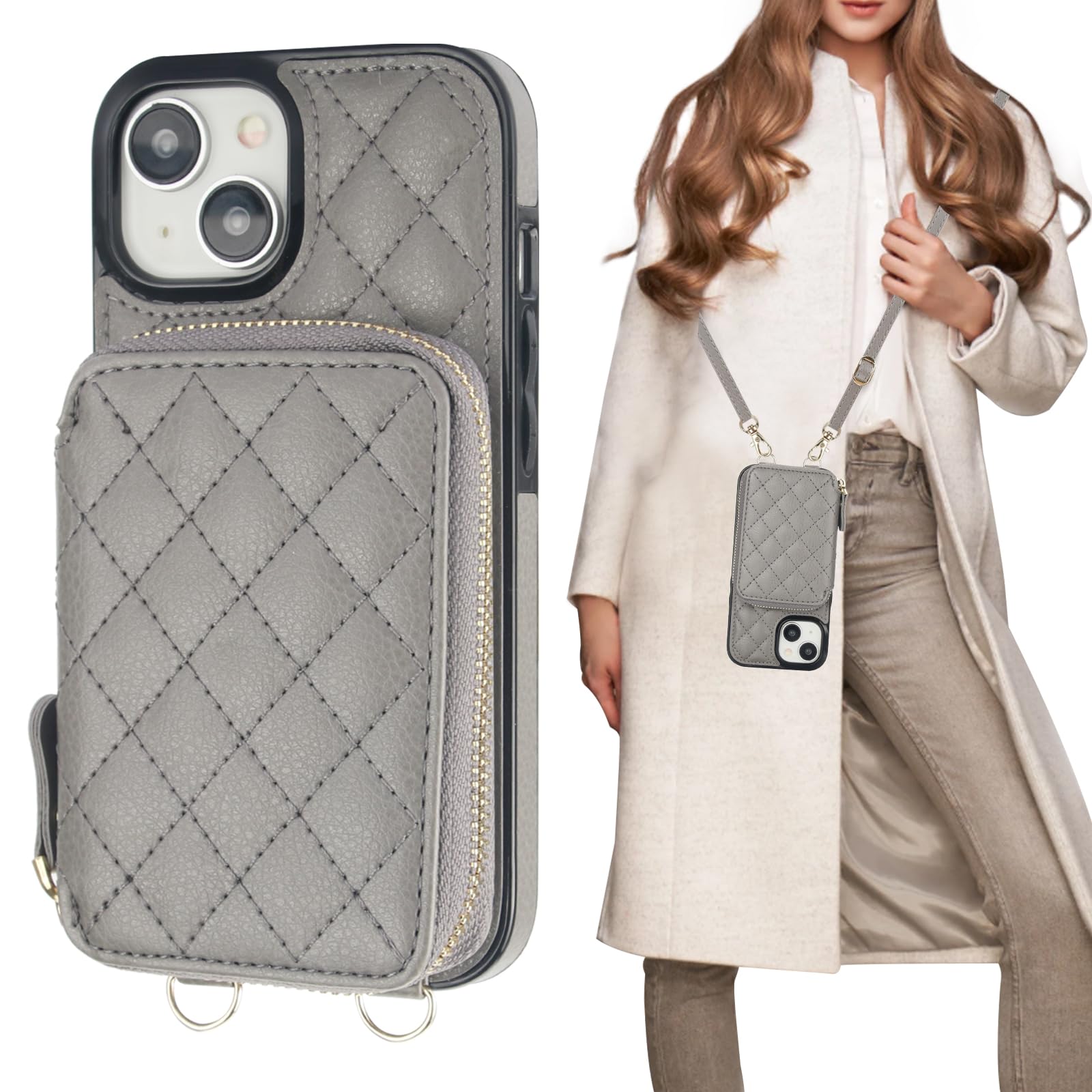 Funda Tipo Cartera Tipo Bandolera Bocasal Para Iphone 15 De 6.1 Pulgadas Con Rfid, Color Gris - Venta Internacional.