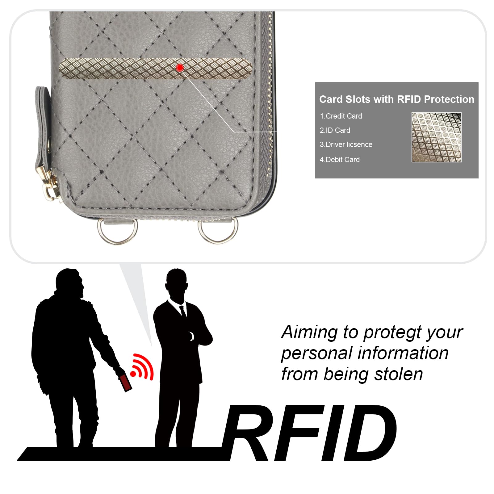 Foto 4 pulgar | Funda Tipo Cartera Tipo Bandolera Bocasal Para Iphone 15 De 6.1 Pulgadas Con Rfid, Color Gris - Venta Internacional.