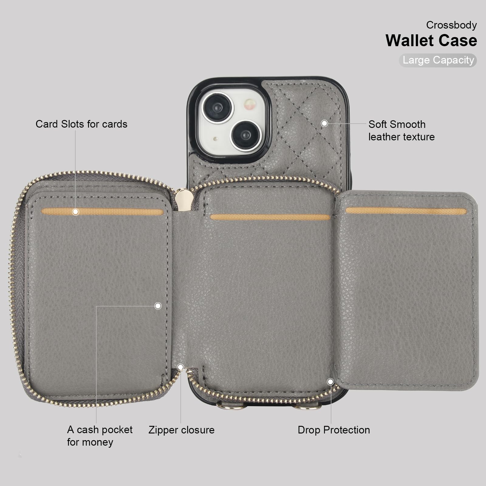 Foto 7 | Funda Tipo Cartera Tipo Bandolera Bocasal Para Iphone 15 De 6.1 Pulgadas Con Rfid, Color Gris - Venta Internacional.