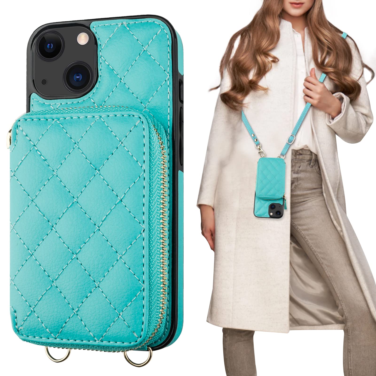 Foto 2 pulgar | Funda Tipo Cartera Tipo Bandolera Bocasal Para Iphone 13 De 6.1 Pulgadas, Color Verde Menta - Venta Internacional.