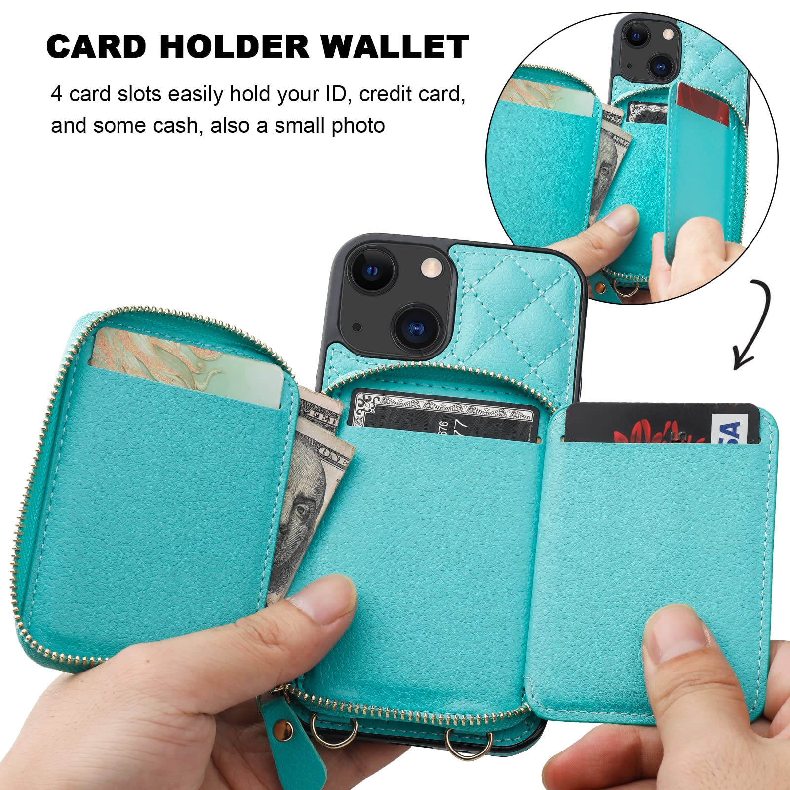 Foto 5 pulgar | Funda Tipo Cartera Tipo Bandolera Bocasal Para Iphone 13 De 6.1 Pulgadas, Color Verde Menta - Venta Internacional.