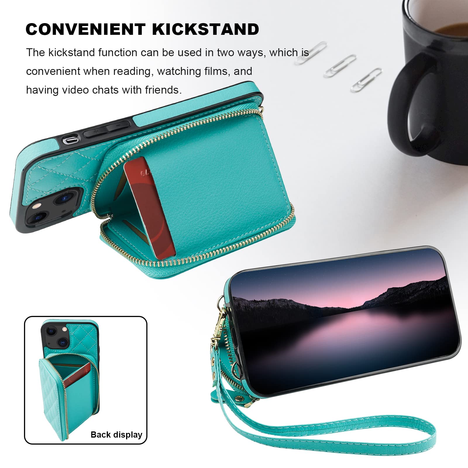Foto 6 pulgar | Funda Tipo Cartera Tipo Bandolera Bocasal Para Iphone 13 De 6.1 Pulgadas, Color Verde Menta - Venta Internacional.