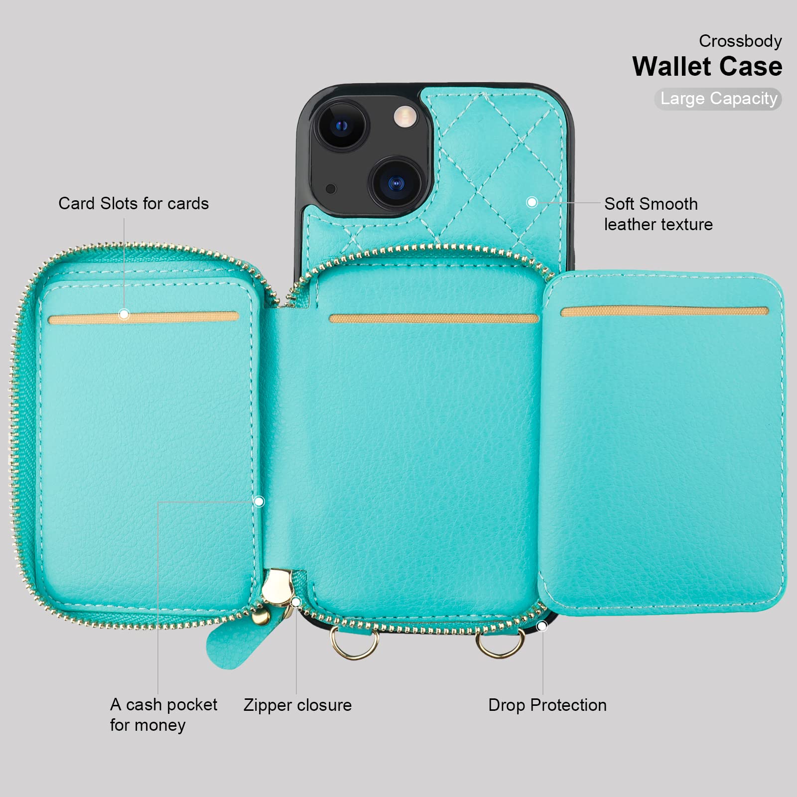 Foto 8 pulgar | Funda Tipo Cartera Tipo Bandolera Bocasal Para Iphone 13 De 6.1 Pulgadas, Color Verde Menta - Venta Internacional.
