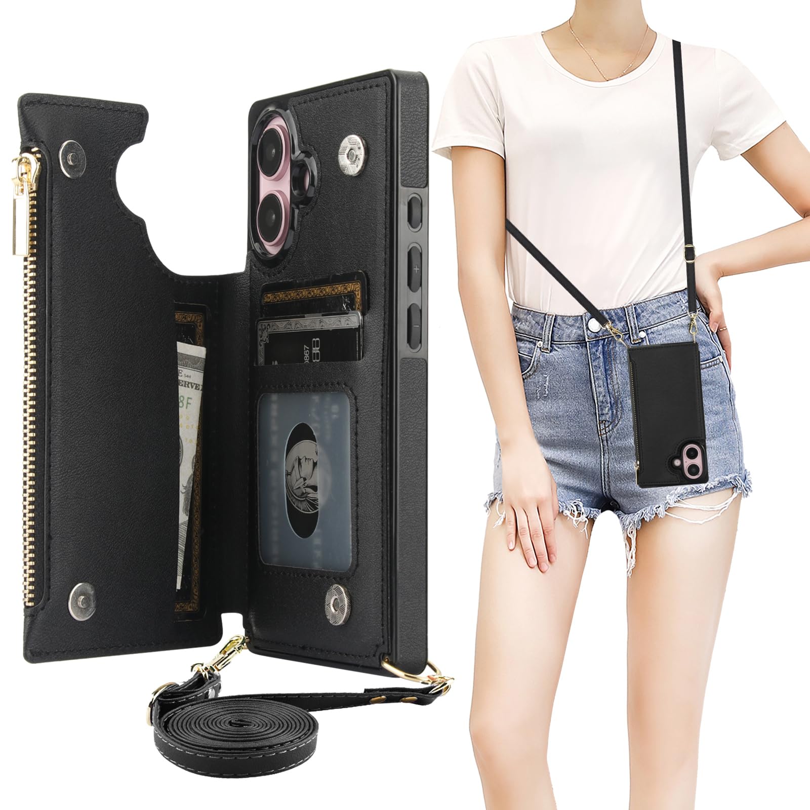 Foto 1 | Funda Tipo Cartera Tipo Bandolera Bocasal Para Iphone 16 De 6,1 Pulgadas Con Rfid, Color Negro - Venta Internacional.