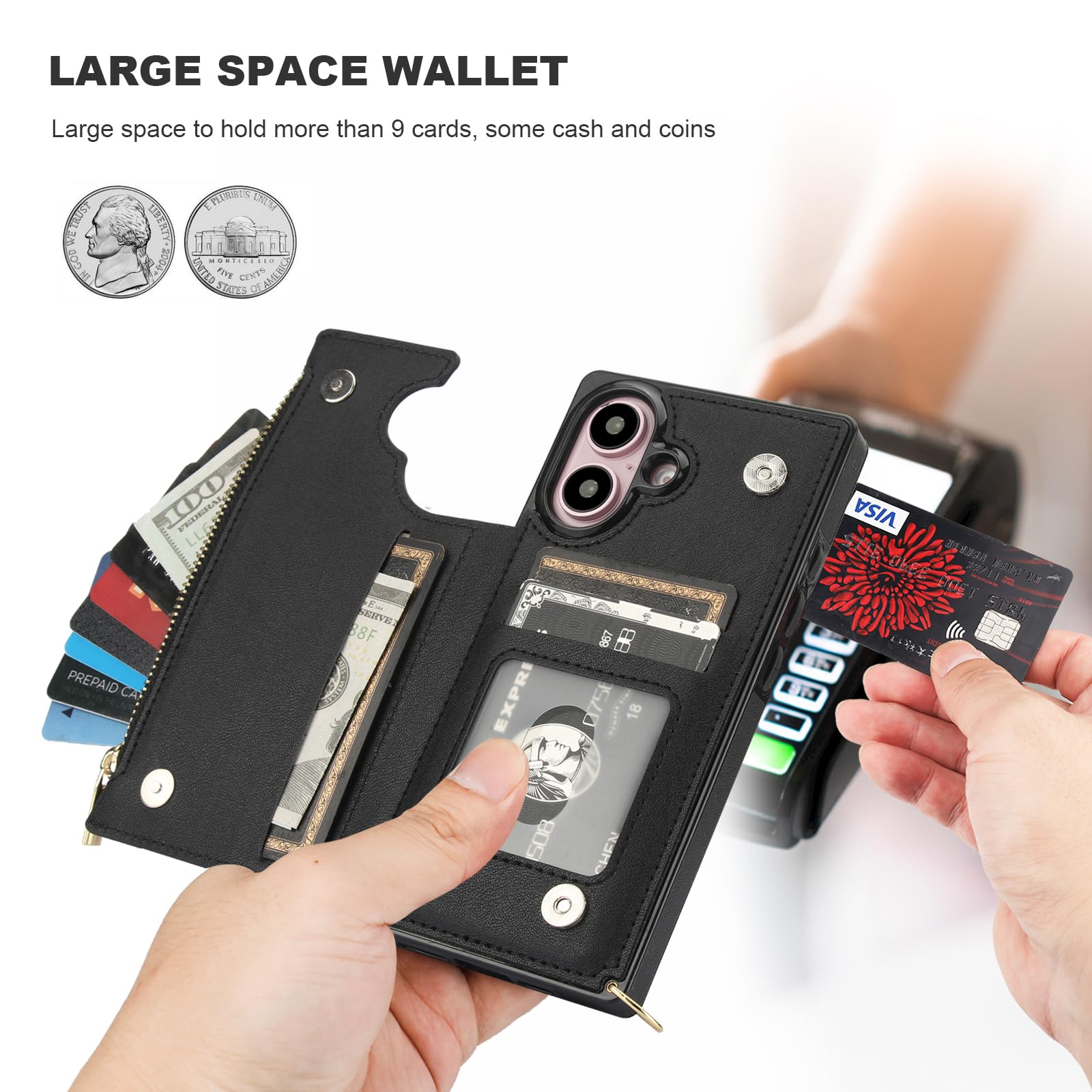 Foto 4 pulgar | Funda Tipo Cartera Tipo Bandolera Bocasal Para Iphone 16 De 6,1 Pulgadas Con Rfid, Color Negro - Venta Internacional.