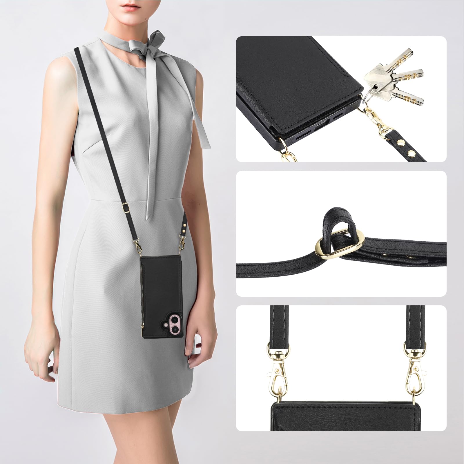 Foto 5 | Funda Tipo Cartera Tipo Bandolera Bocasal Para Iphone 16 De 6,1 Pulgadas Con Rfid, Color Negro - Venta Internacional.
