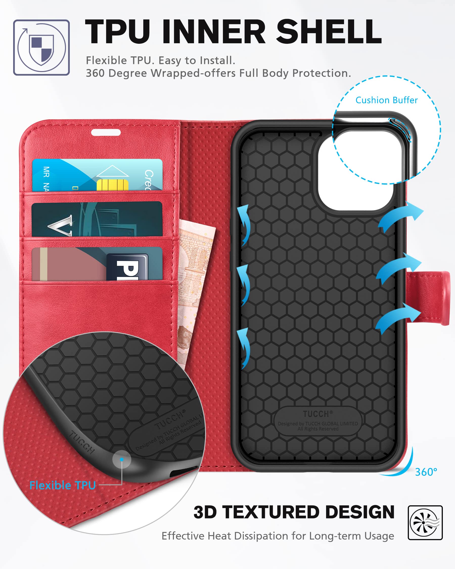 Foto 5 pulgar | Funda Tipo Cartera Tucch Para Iphone 13 De 6.1 Pulgadas 5g Con Rfid Roja - Venta Internacional.