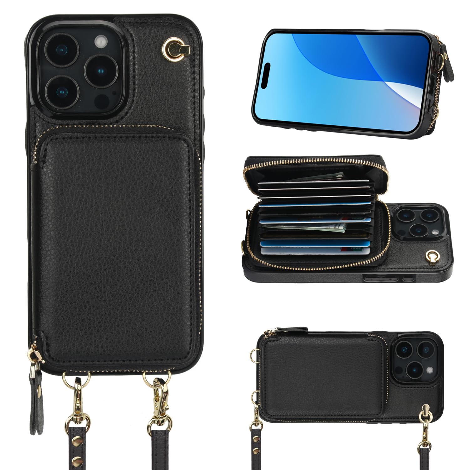 Foto 2 pulgar | Funda Tipo Cartera Tipo Bandolera Bocasal Para Iphone 16 Pro Max, Color Negro - Venta Internacional.