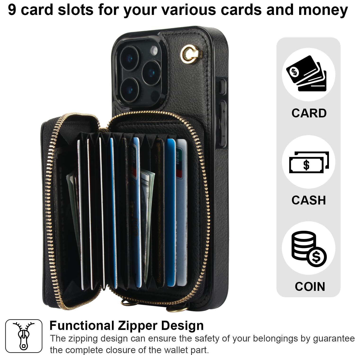 Foto 4 pulgar | Funda Tipo Cartera Tipo Bandolera Bocasal Para Iphone 16 Pro Max, Color Negro - Venta Internacional.