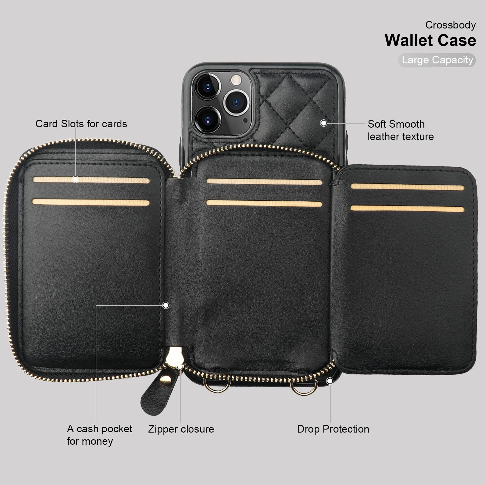 Foto 8 pulgar | Funda Tipo Cartera Tipo Bandolera Bocasal Para Iphone 11 Pro Max, Color Negro - Venta Internacional.