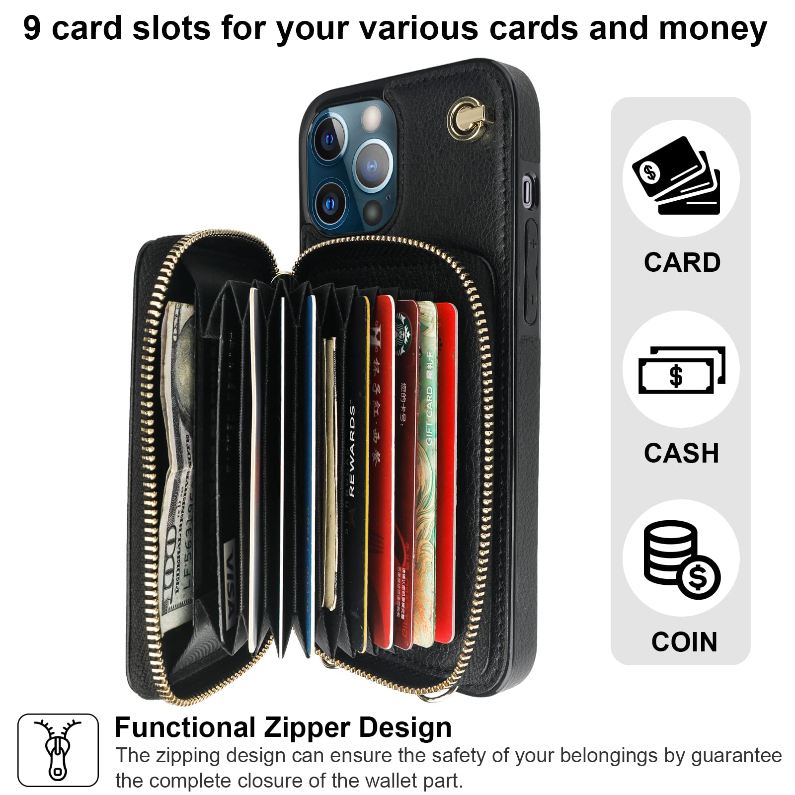 Foto 5 pulgar | Funda Tipo Cartera Tipo Bandolera Bocasal Para Iphone 13 Pro Max, Color Negro - Venta Internacional.