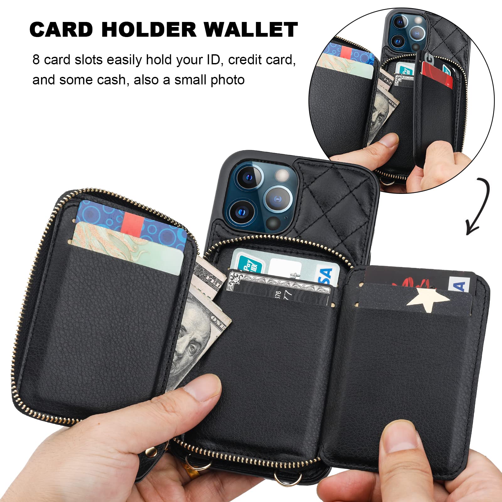 Foto 5 pulgar | Funda Tipo Cartera Tipo Bandolera Bocasal Para Iphone 12 Pro Max, Color Negro - Venta Internacional.