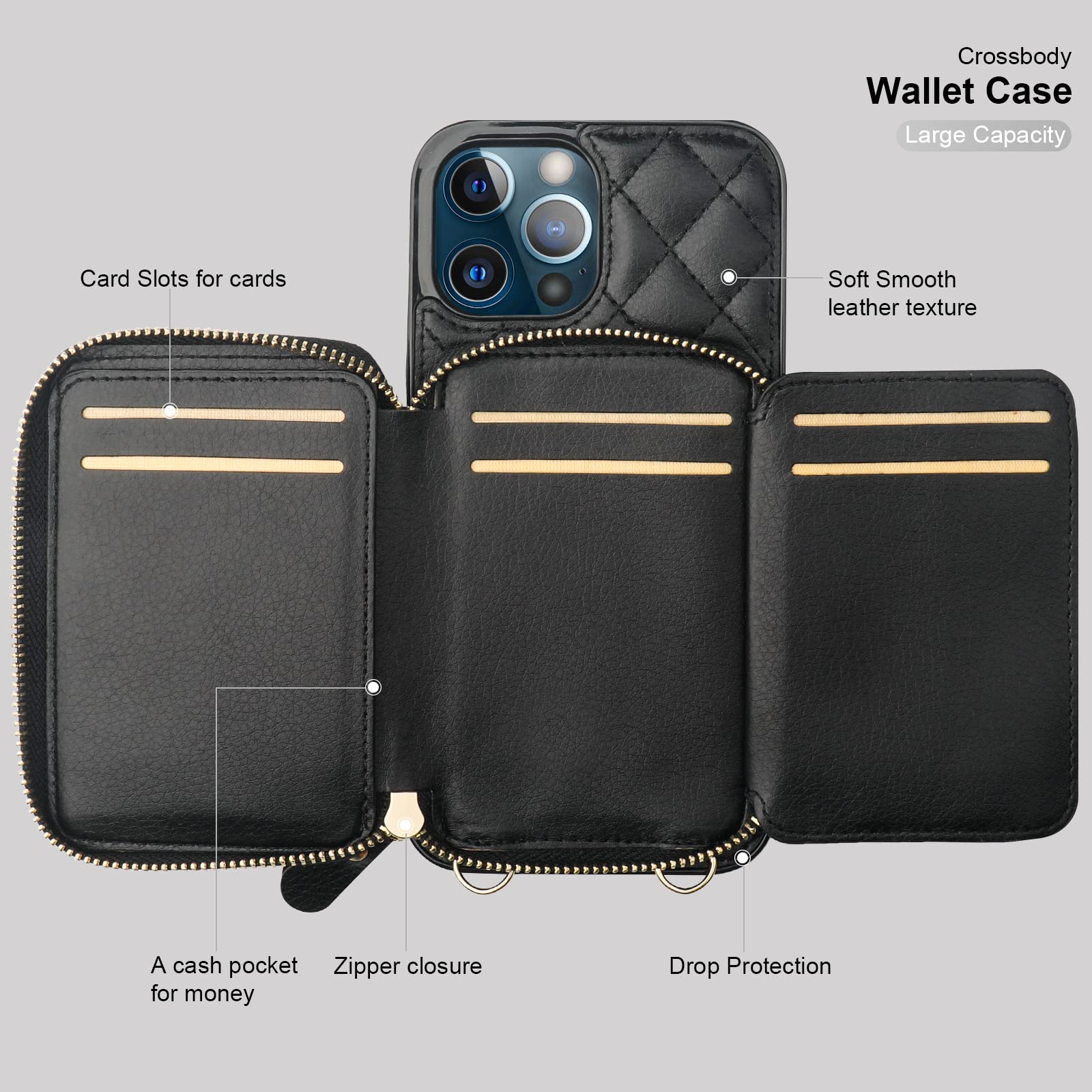 Foto 8 pulgar | Funda Tipo Cartera Tipo Bandolera Bocasal Para Iphone 12 Pro Max, Color Negro - Venta Internacional.