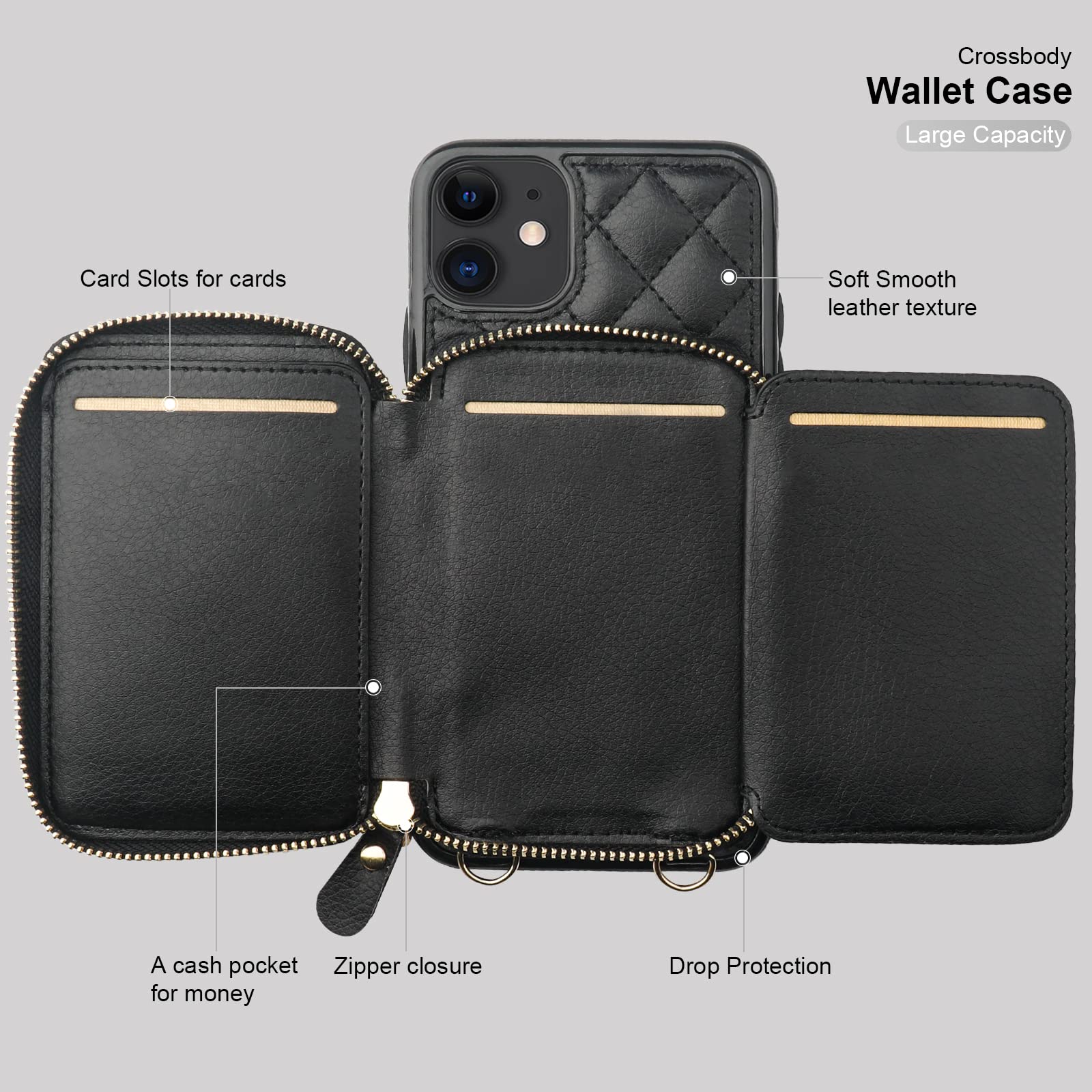 Foto 8 pulgar | Funda Tipo Cartera Tipo Bandolera Bocasal Para Iphone 11 De 6,1 Pulgadas, Color Negro - Venta Internacional.