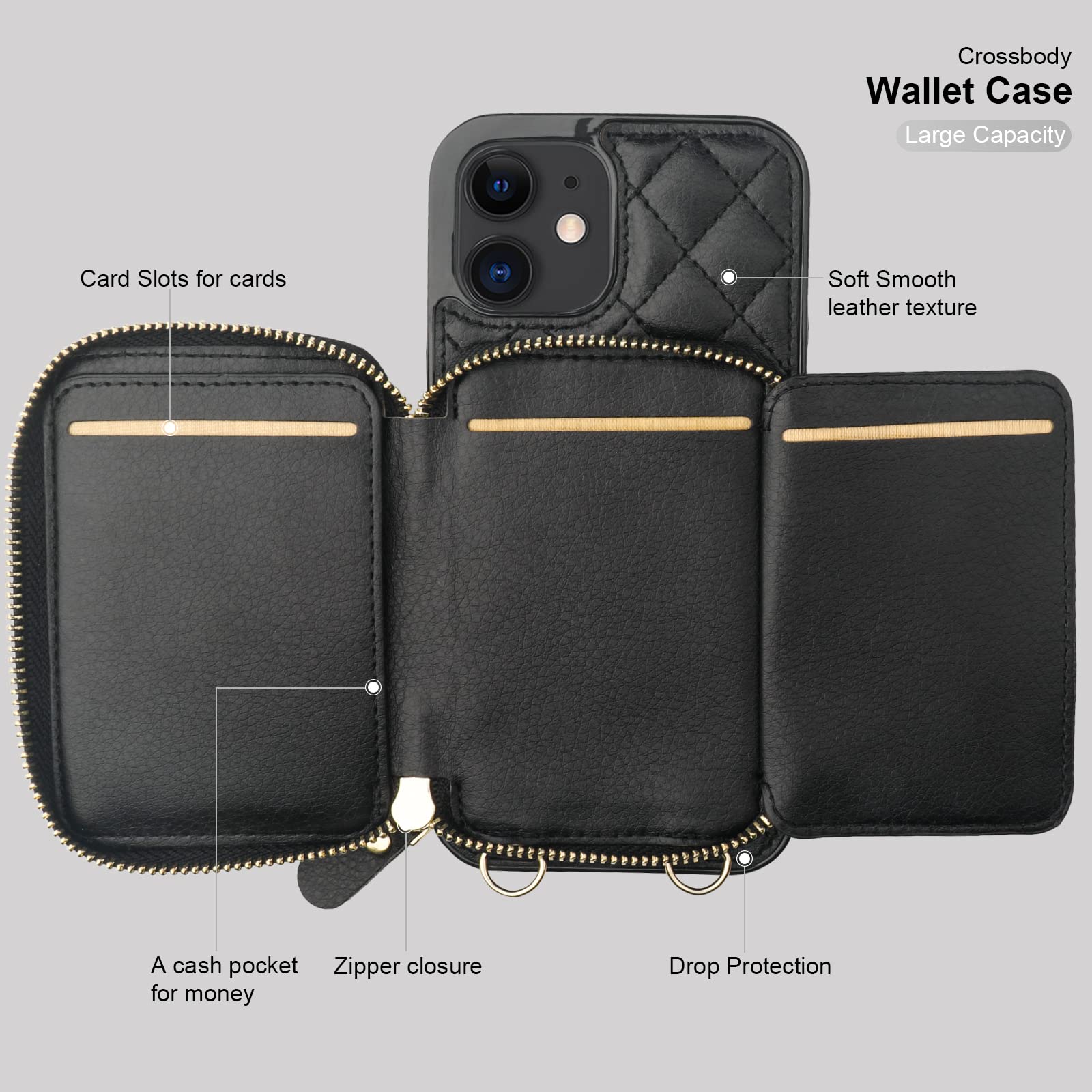 Foto 8 pulgar | Funda Tipo Cartera Tipo Bandolera Bocasal Para Iphone 12/12 Pro De 6.1 Pulgadas, Color Negro - Venta Internacional.