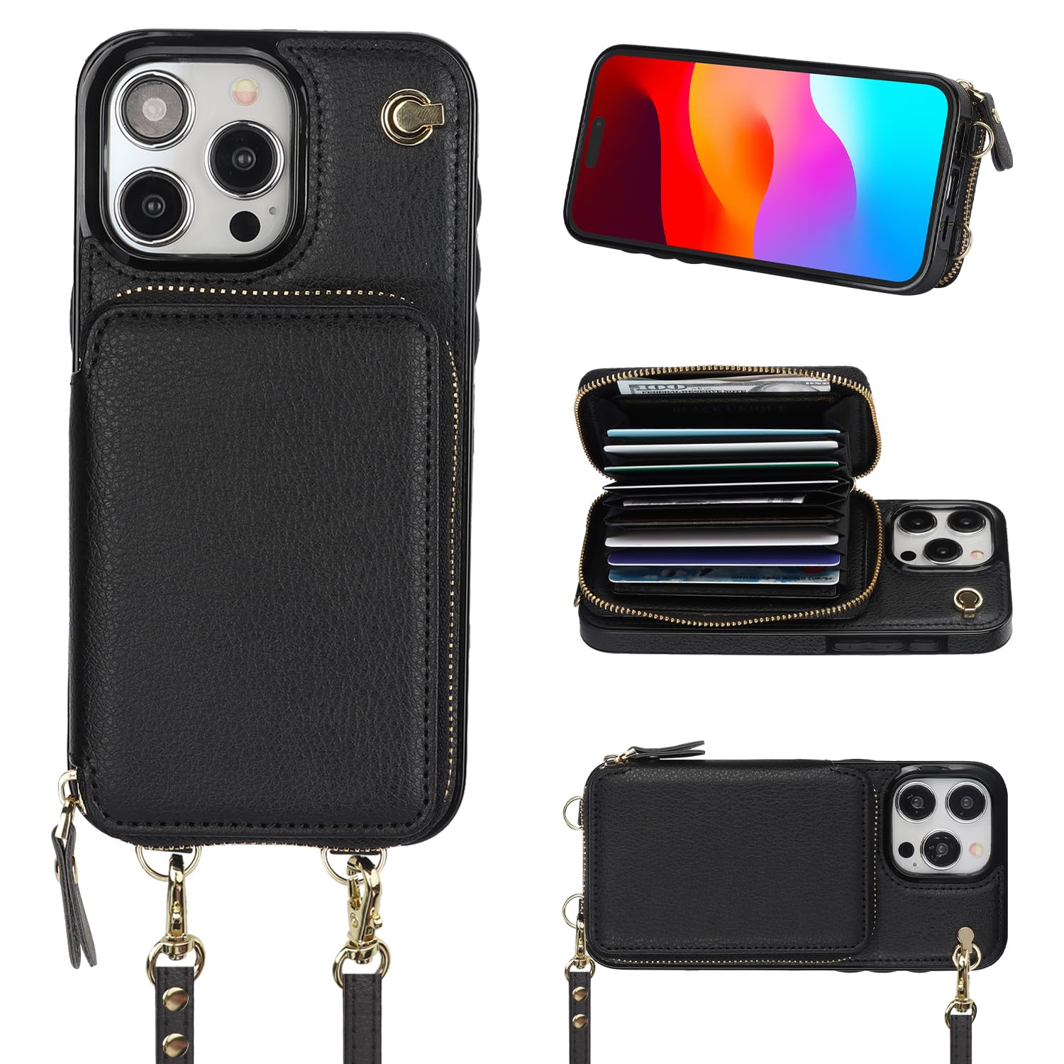 Foto 2 pulgar | Funda Tipo Cartera Tipo Bandolera Bocasal Para Iphone 15 Pro Max, Color Negro - Venta Internacional.