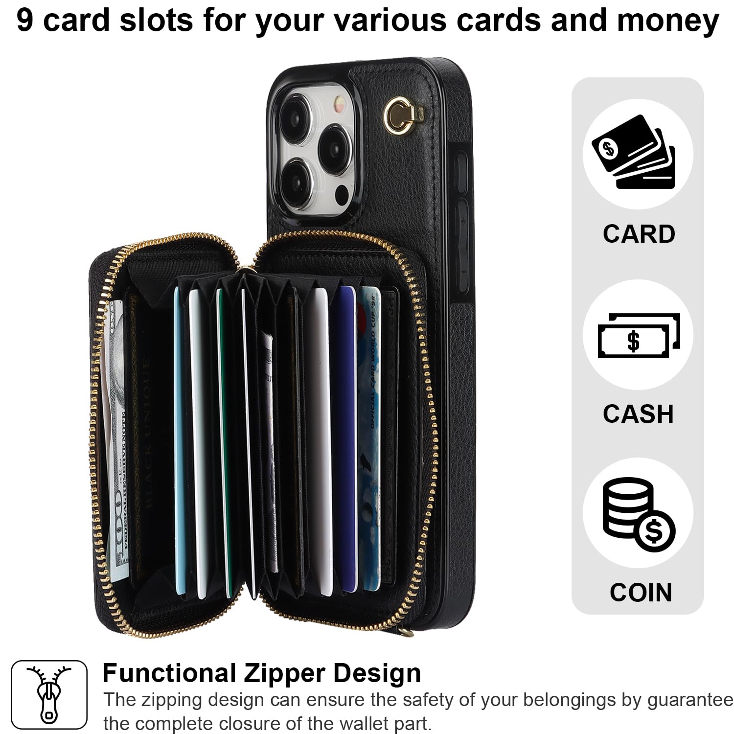 Foto 4 pulgar | Funda Tipo Cartera Tipo Bandolera Bocasal Para Iphone 15 Pro Max, Color Negro - Venta Internacional.