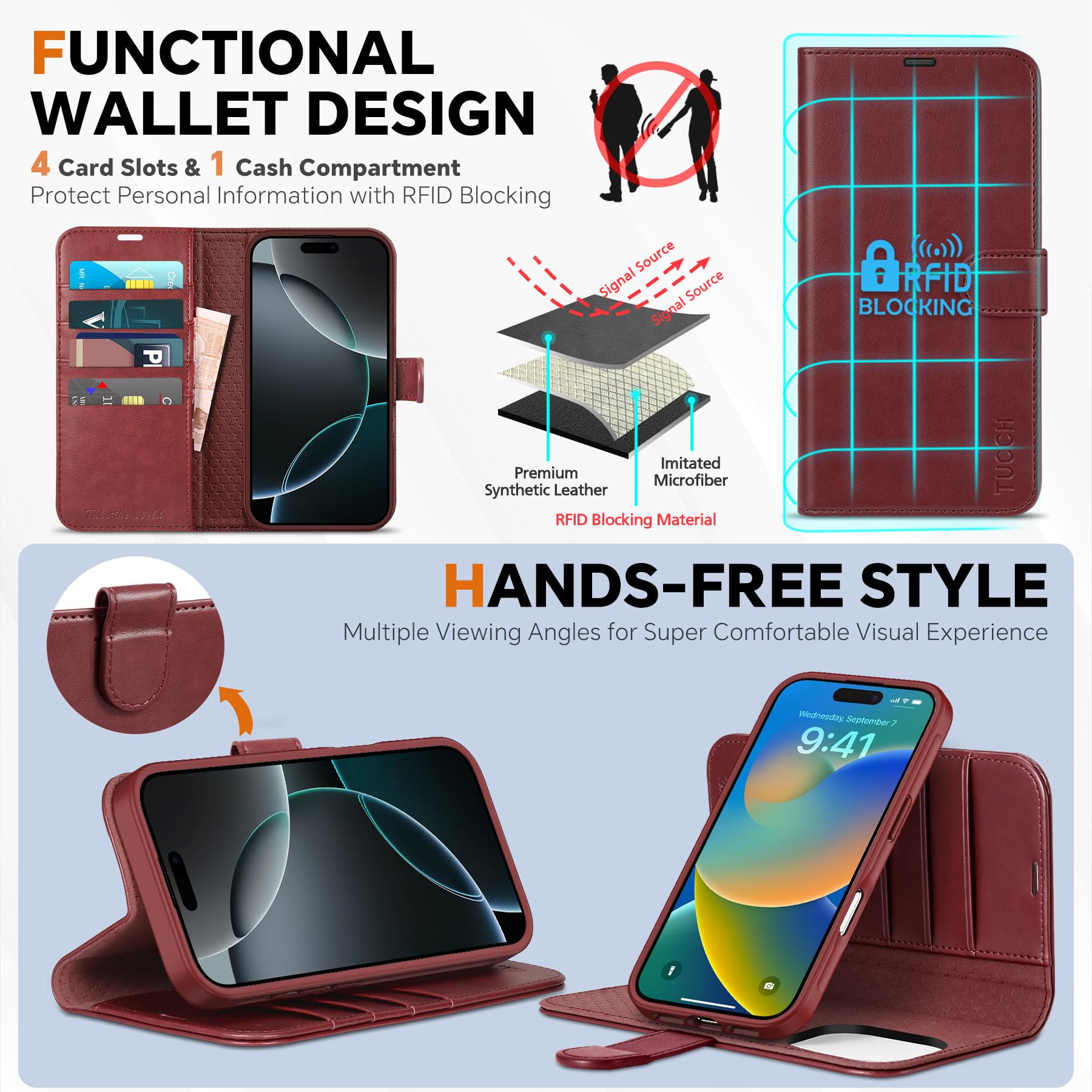 Foto 6 pulgar | Funda Tipo Cartera Tucch Para Iphone 16 Pro Max 5g Rojo Oscuro - Venta Internacional.