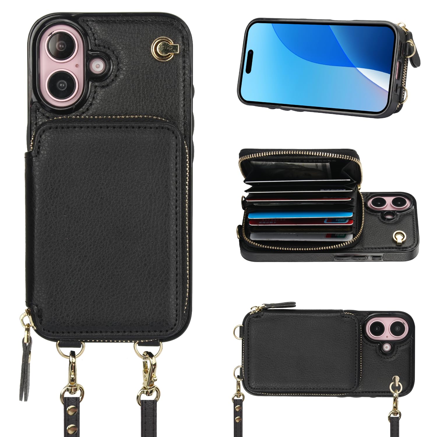 Foto 2 pulgar | Funda Tipo Cartera Tipo Bandolera Bocasal Para Iphone 16 De 6,1 Pulgadas Con Rfid, Color Negro - Venta Internacional.
