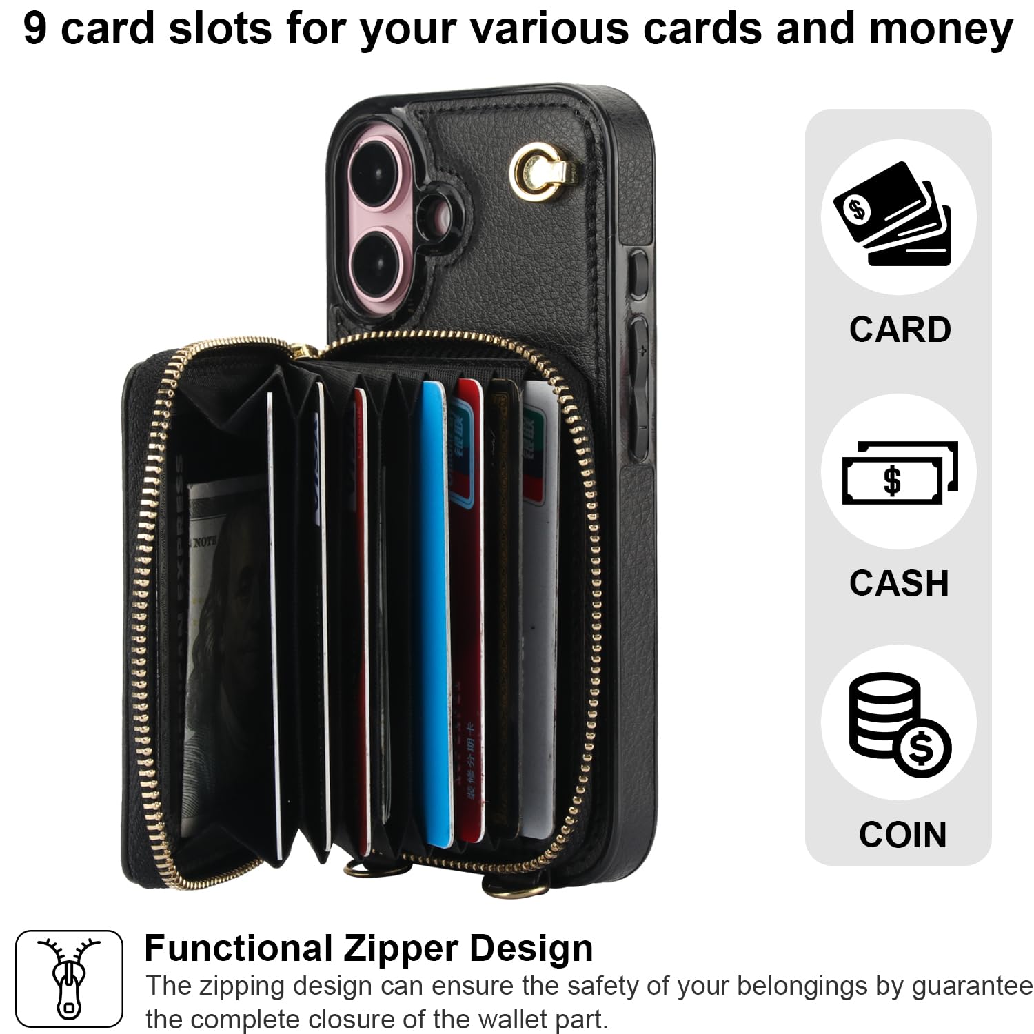 Foto 4 pulgar | Funda Tipo Cartera Tipo Bandolera Bocasal Para Iphone 16 De 6,1 Pulgadas Con Rfid, Color Negro - Venta Internacional.