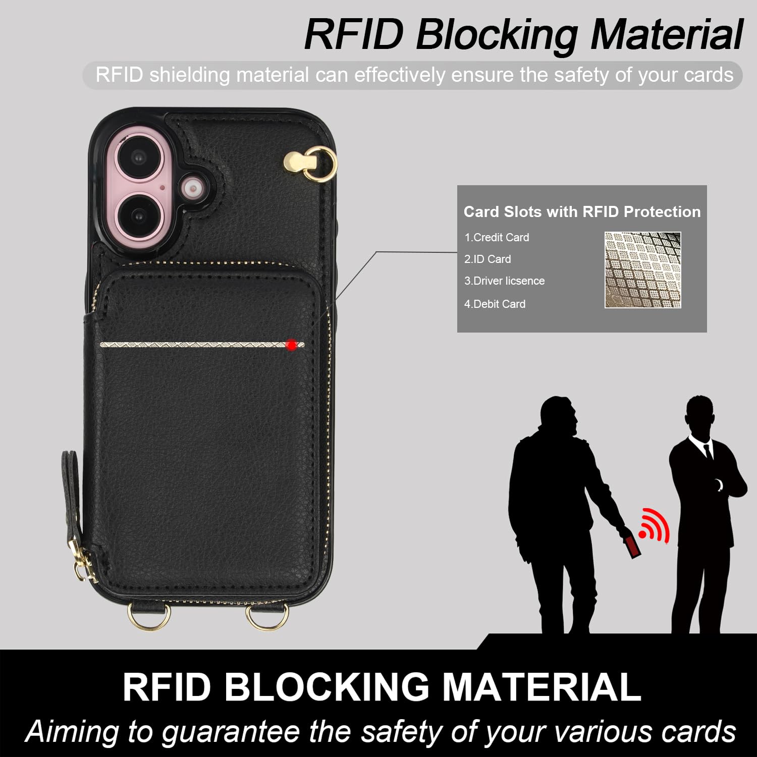 Foto 5 pulgar | Funda Tipo Cartera Tipo Bandolera Bocasal Para Iphone 16 De 6,1 Pulgadas Con Rfid, Color Negro - Venta Internacional.