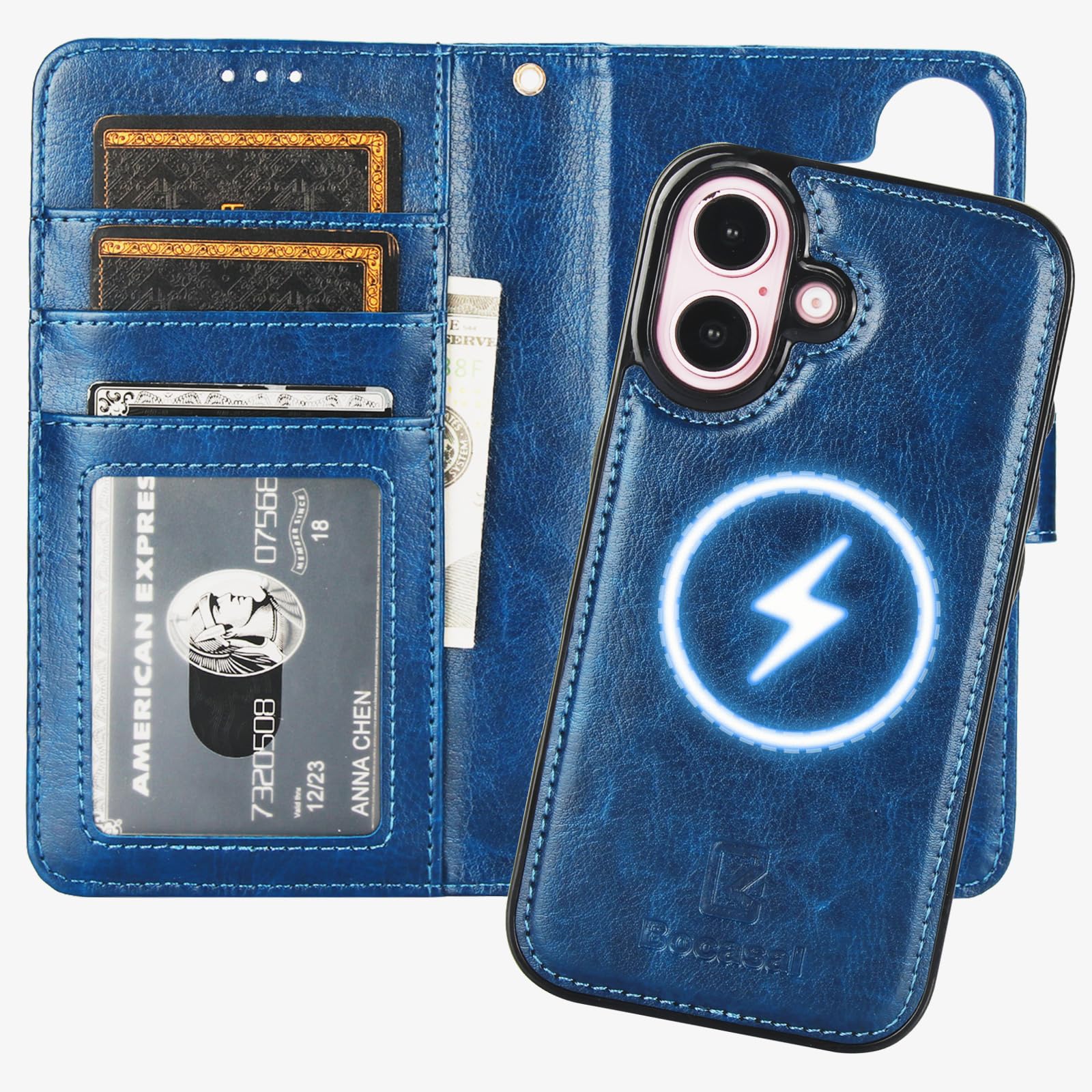 Foto 2 pulgar | Funda Tipo Cartera Bocasal Para Iphone 16 Con Magsafe Rfid, Color Azul - Venta Internacional.