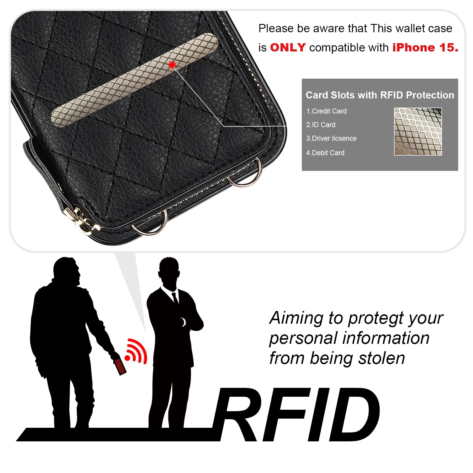 Foto 4 pulgar | Funda Tipo Cartera Tipo Bandolera Bocasal Para Iphone 15 De 6.1 Pulgadas, Color Negro - Venta Internacional.