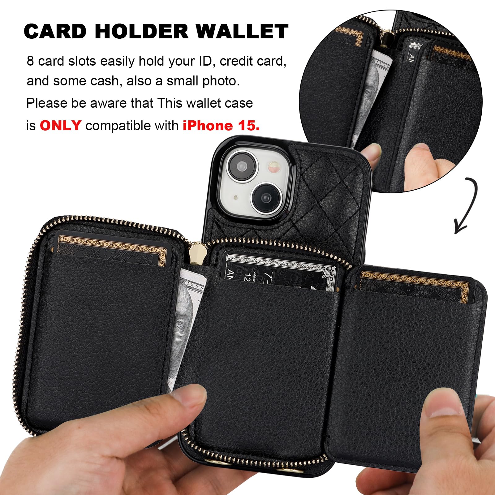 Foto 5 pulgar | Funda Tipo Cartera Tipo Bandolera Bocasal Para Iphone 15 De 6.1 Pulgadas, Color Negro - Venta Internacional.