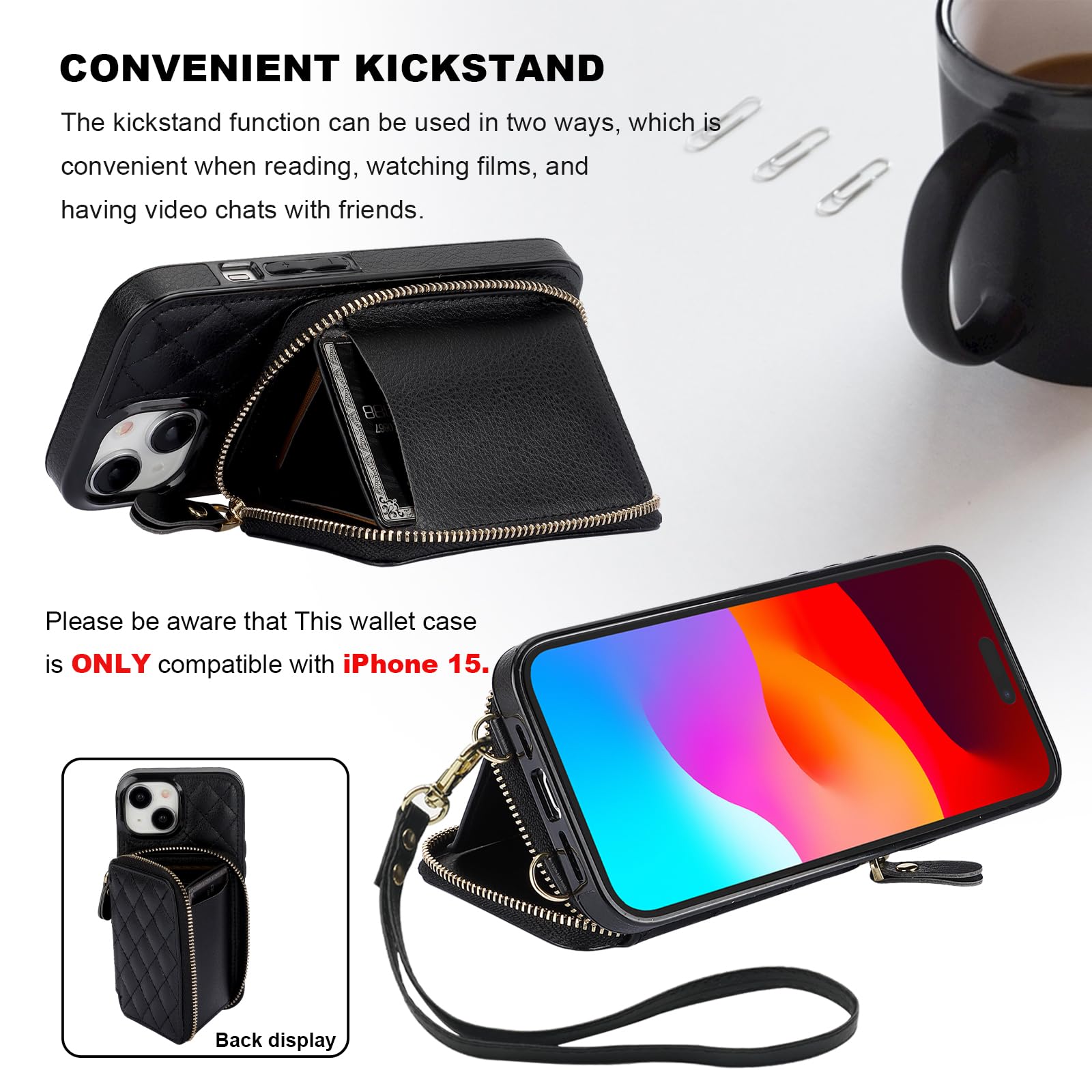 Foto 7 pulgar | Funda Tipo Cartera Tipo Bandolera Bocasal Para Iphone 15 De 6.1 Pulgadas, Color Negro - Venta Internacional.