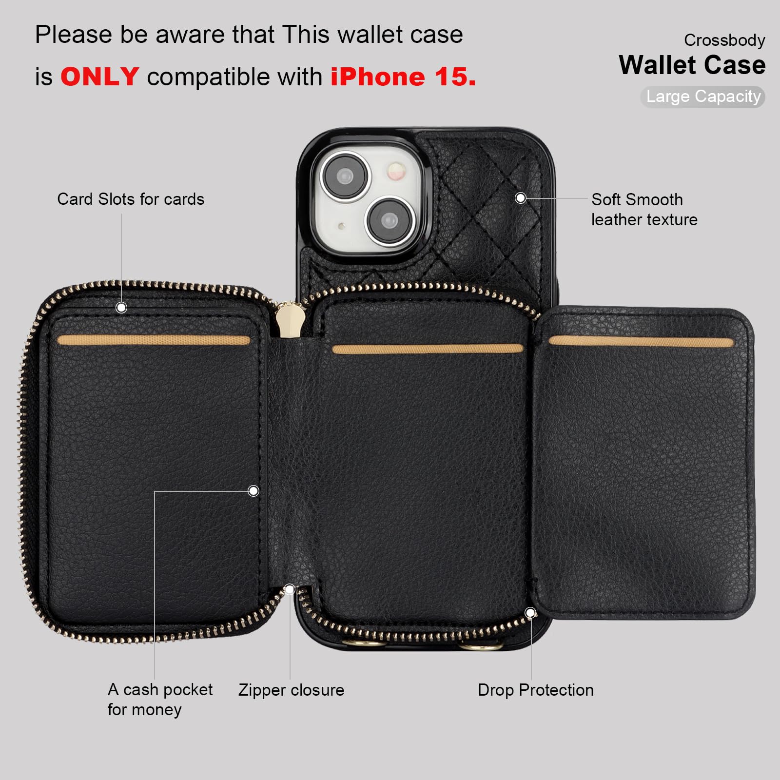 Foto 8 pulgar | Funda Tipo Cartera Tipo Bandolera Bocasal Para Iphone 15 De 6.1 Pulgadas, Color Negro - Venta Internacional.