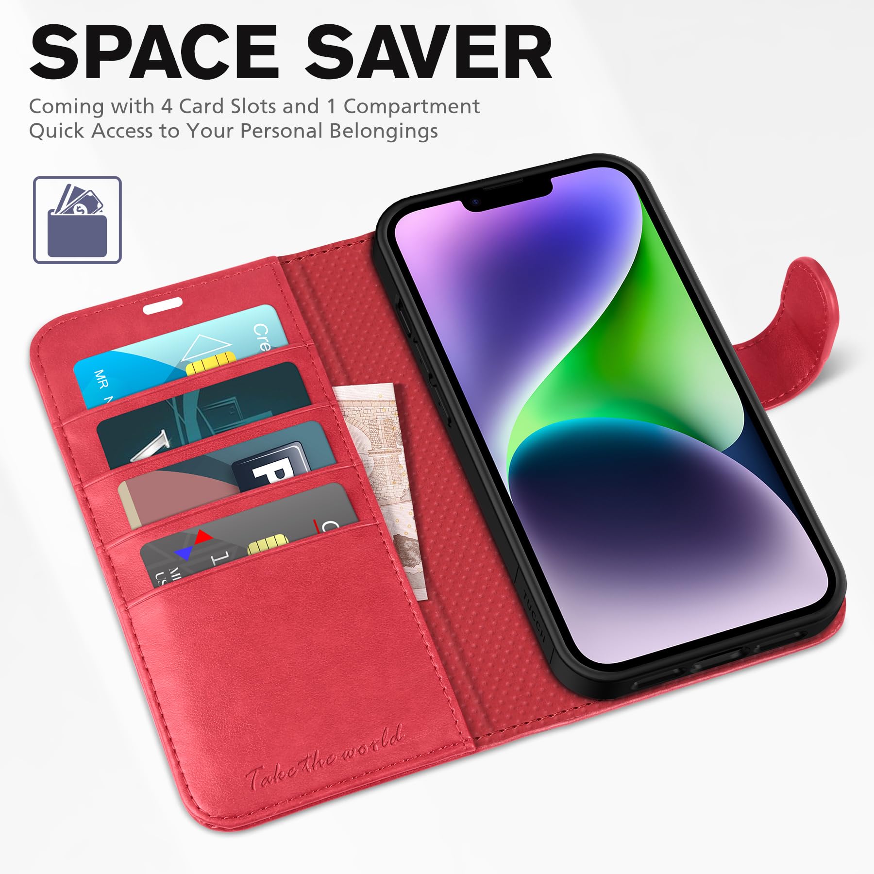 Foto 7 | Funda Tipo Cartera Tucch Para Iphone 14 De 6,1 Pulgadas Con Bloqueo Rfid, Color Rojo - Venta Internacional.