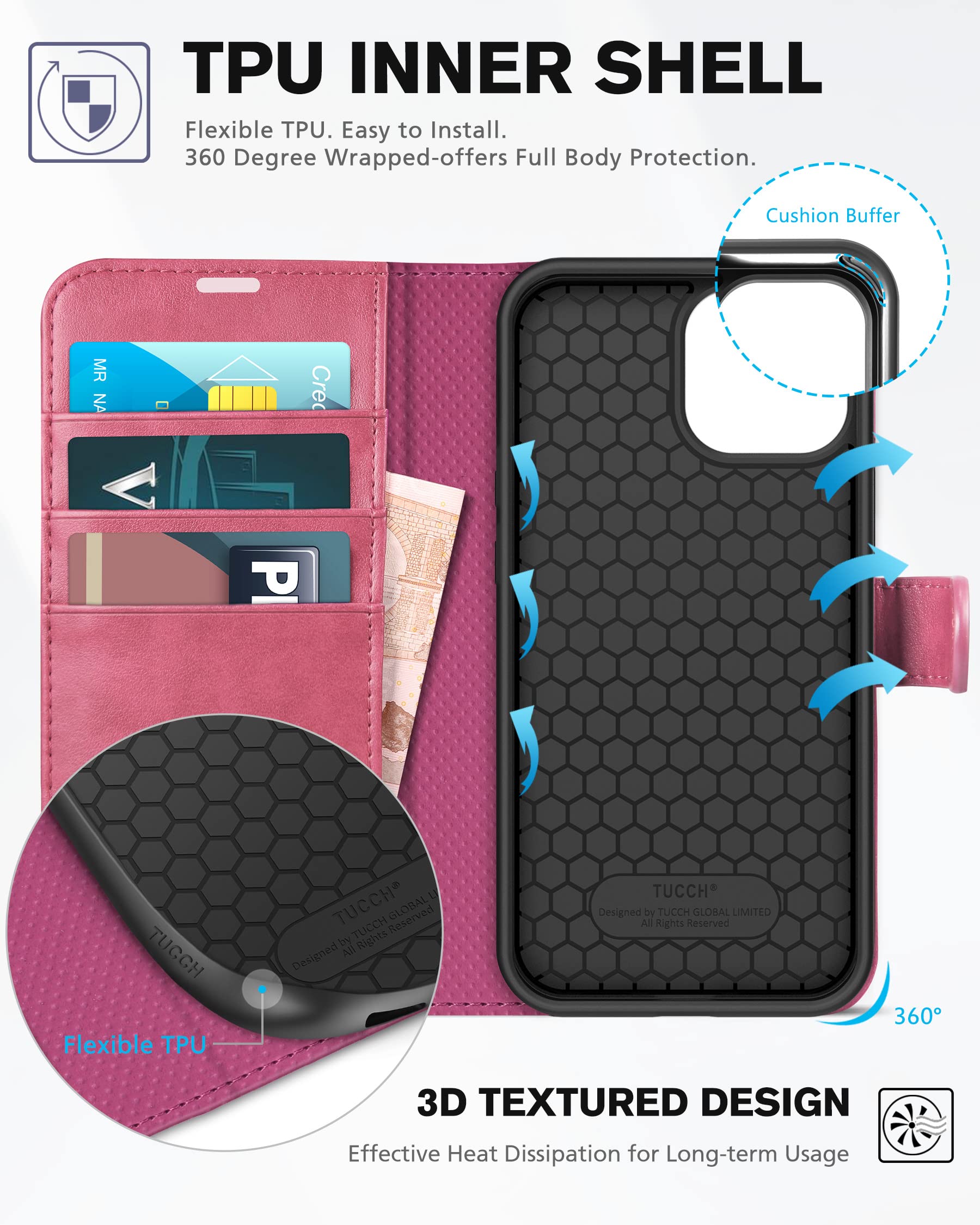 Foto 6 pulgar | Funda Tipo Cartera Tucch Compatible Con Iphone 13 6.1 2021, Color Rosa Intenso - Venta Internacional.